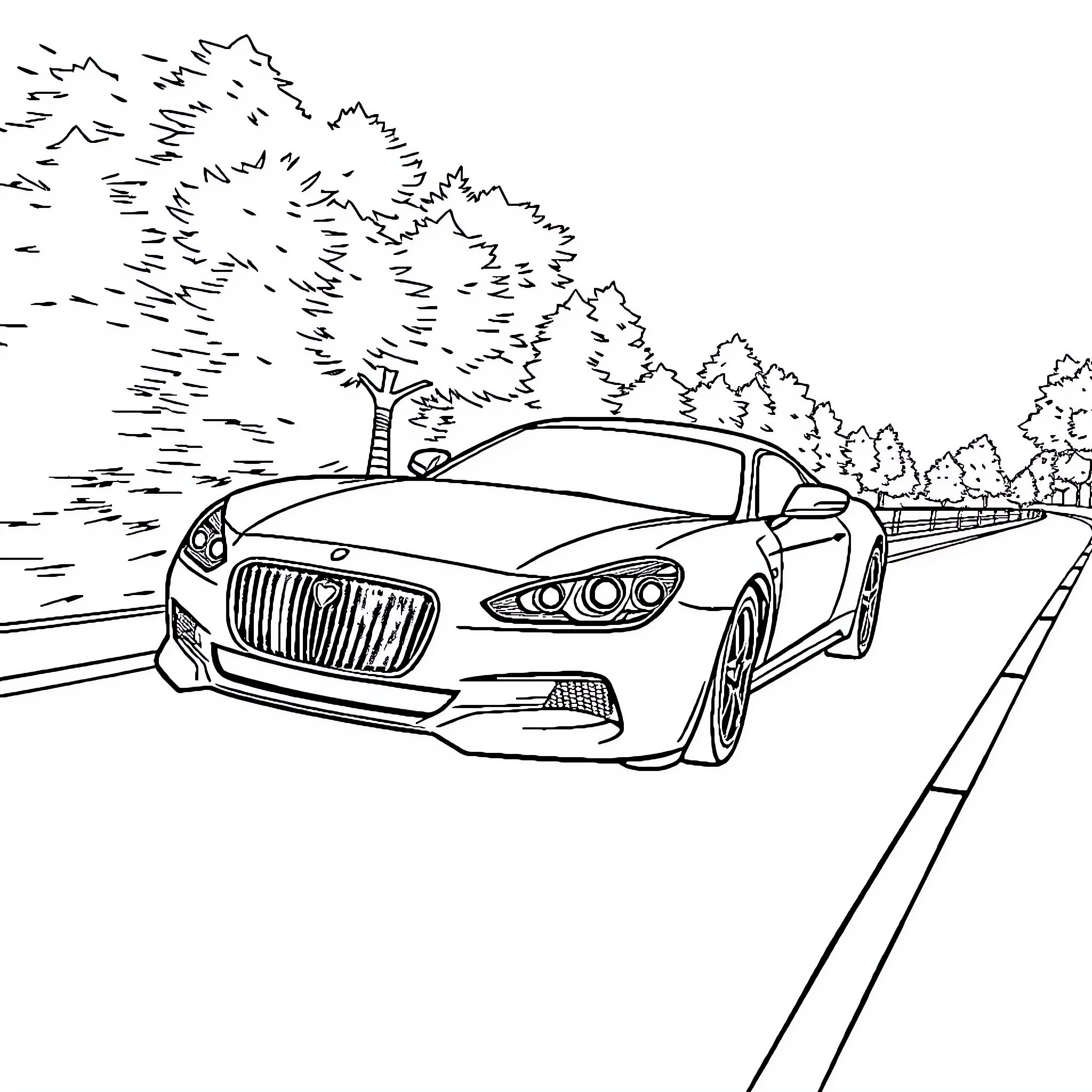 Car speeding on a winding road through the countryside Coloring Page (free black-and-white line drawing printable PDF for all, from beginners to advanced learners, including children, teens, adults, and seniors)