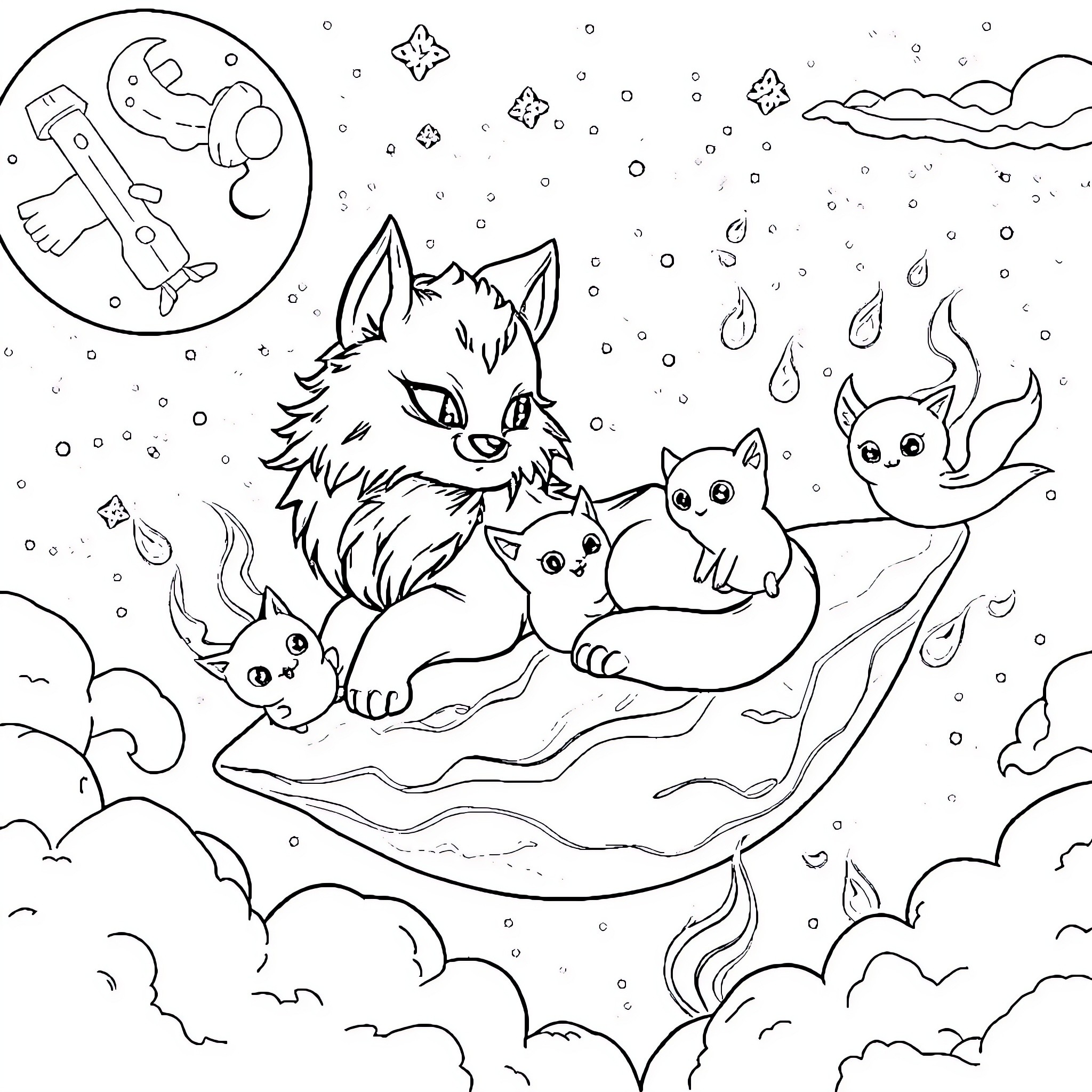 Furie: Feline Fantasy Frolics in the Cosmos Coloring Page (free black-and-white line drawing printable PDF for all, from beginners to advanced learners, including children, teens, adults, and seniors)