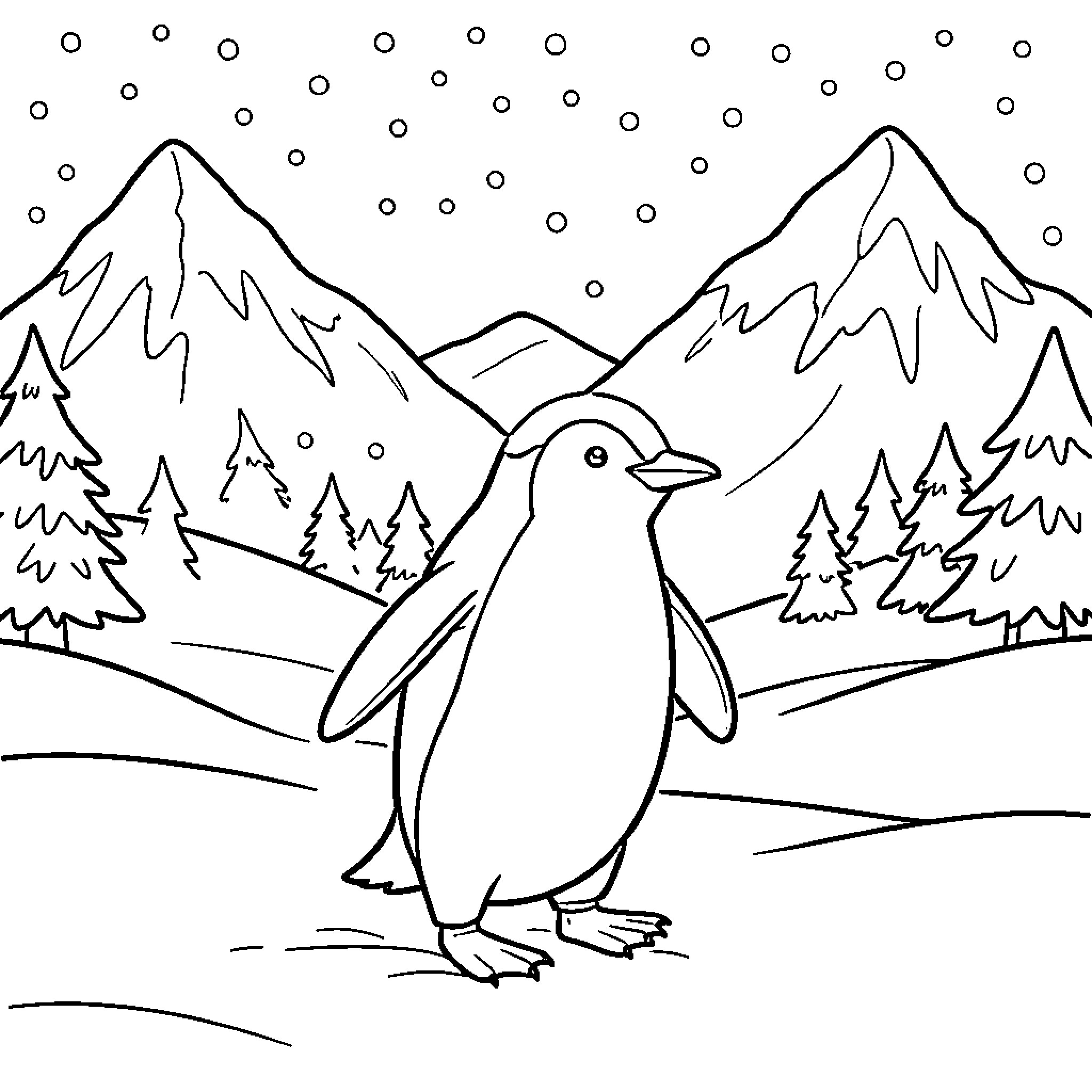 Pingouin standing in a snowy mountain landscape Coloring Page (free black-and-white line drawing printable PDF for all, from beginners to advanced learners, including children, teens, adults, and seniors)