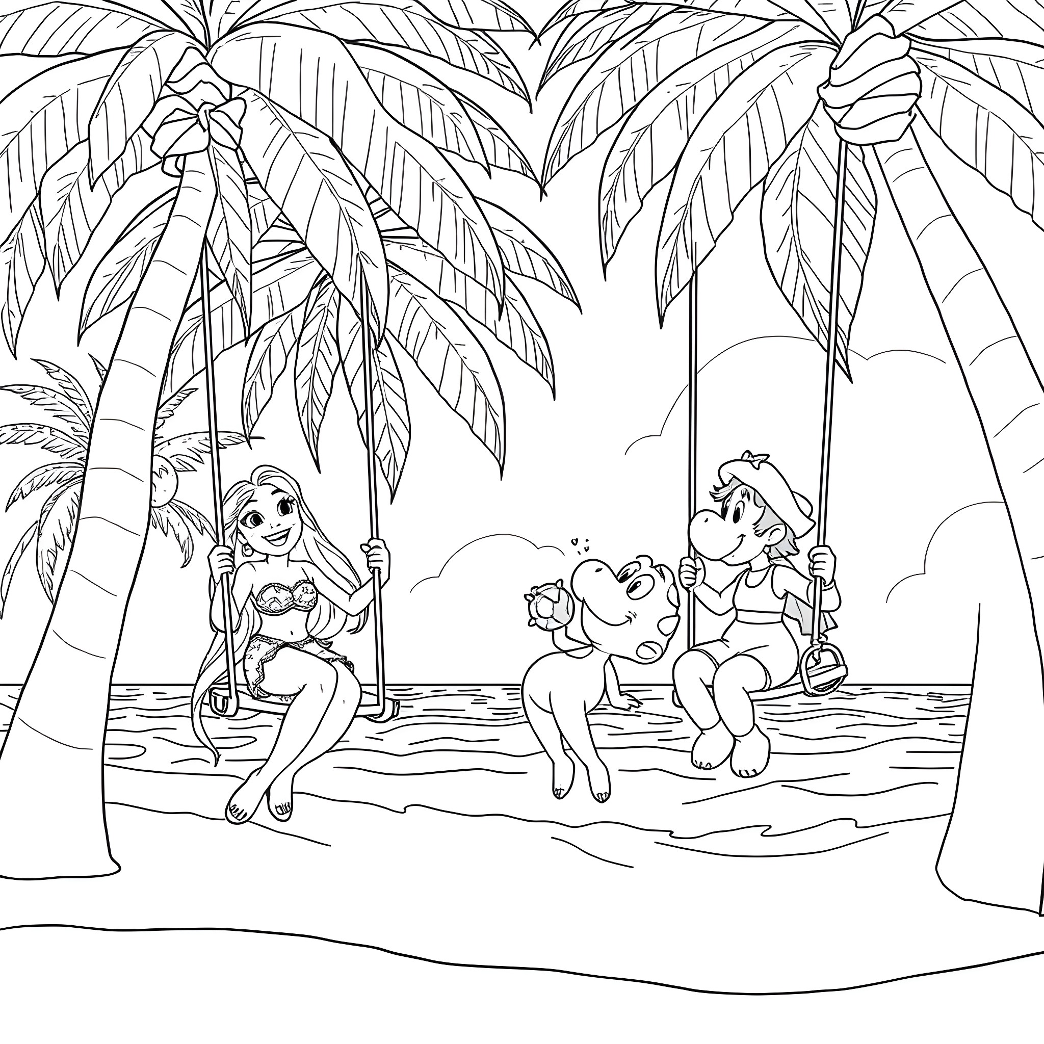 Vaiana and friends enjoying a tropical beach day Coloring Page (free black-and-white line drawing printable PDF for all, from beginners to advanced learners, including children, teens, adults, and seniors)