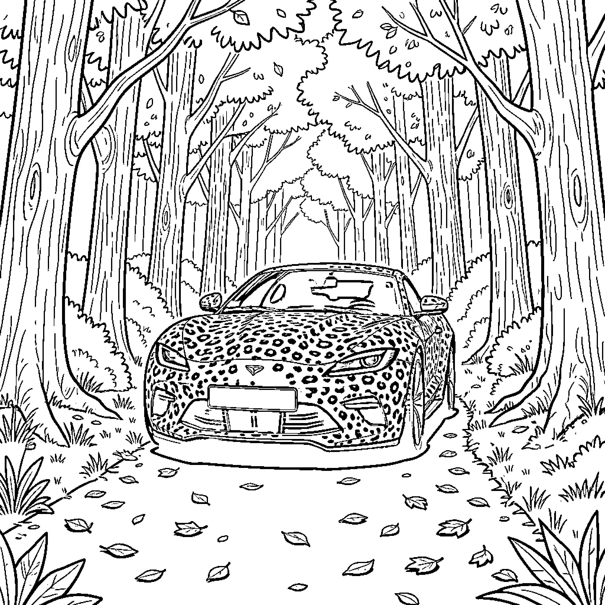 Jaguar car driving through a dense forest path Coloring Page (free black-and-white line drawing printable PDF for all, from beginners to advanced learners, including children, teens, adults, and seniors)