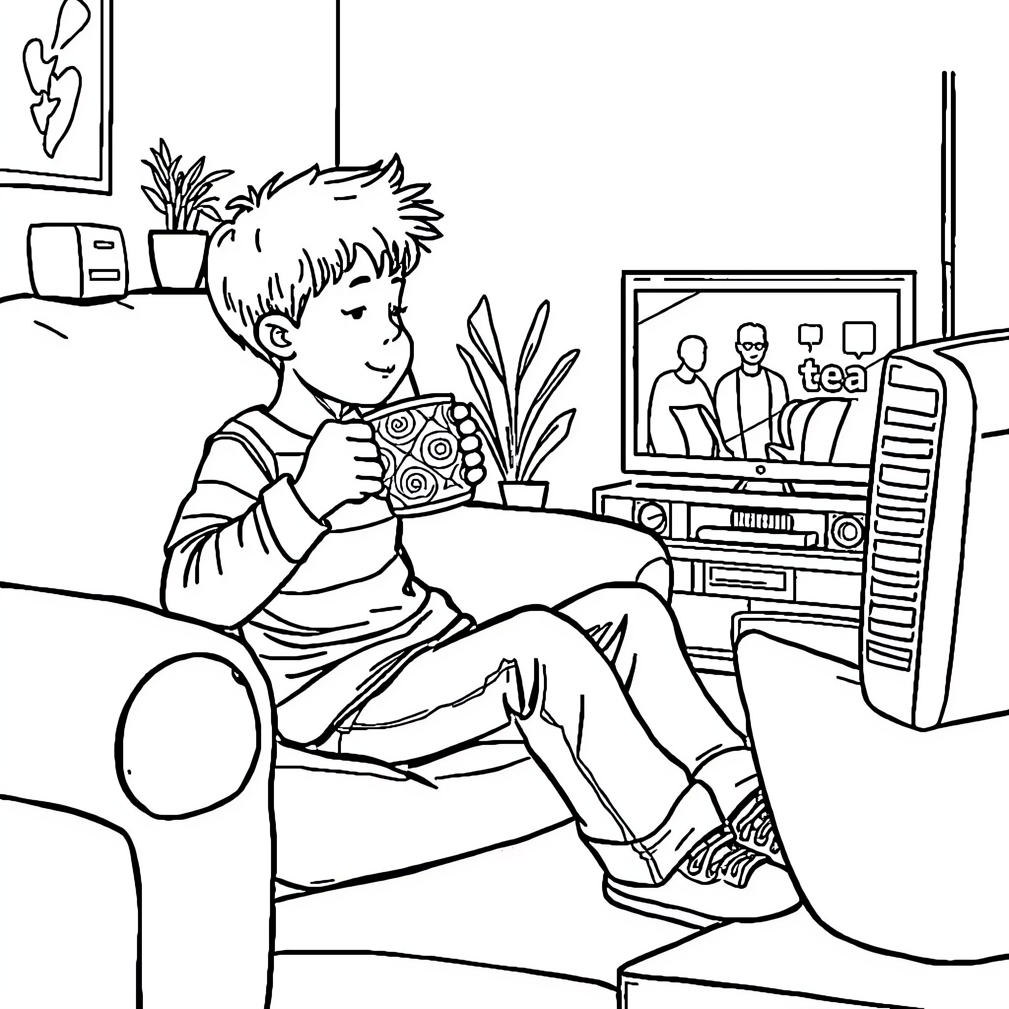 Boy watching TV show in his room Coloring Page (free black-and-white line drawing printable PDF for all, from beginners to advanced learners, including children, teens, adults, and seniors)