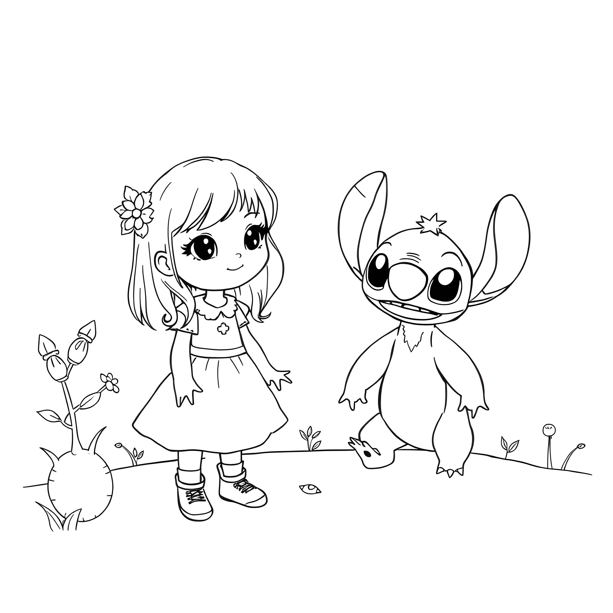 Lily's Joyful Adventure with Stitch Coloring Page (free black-and-white line drawing printable PDF for all, from beginners to advanced learners, including children, teens, adults, and seniors)