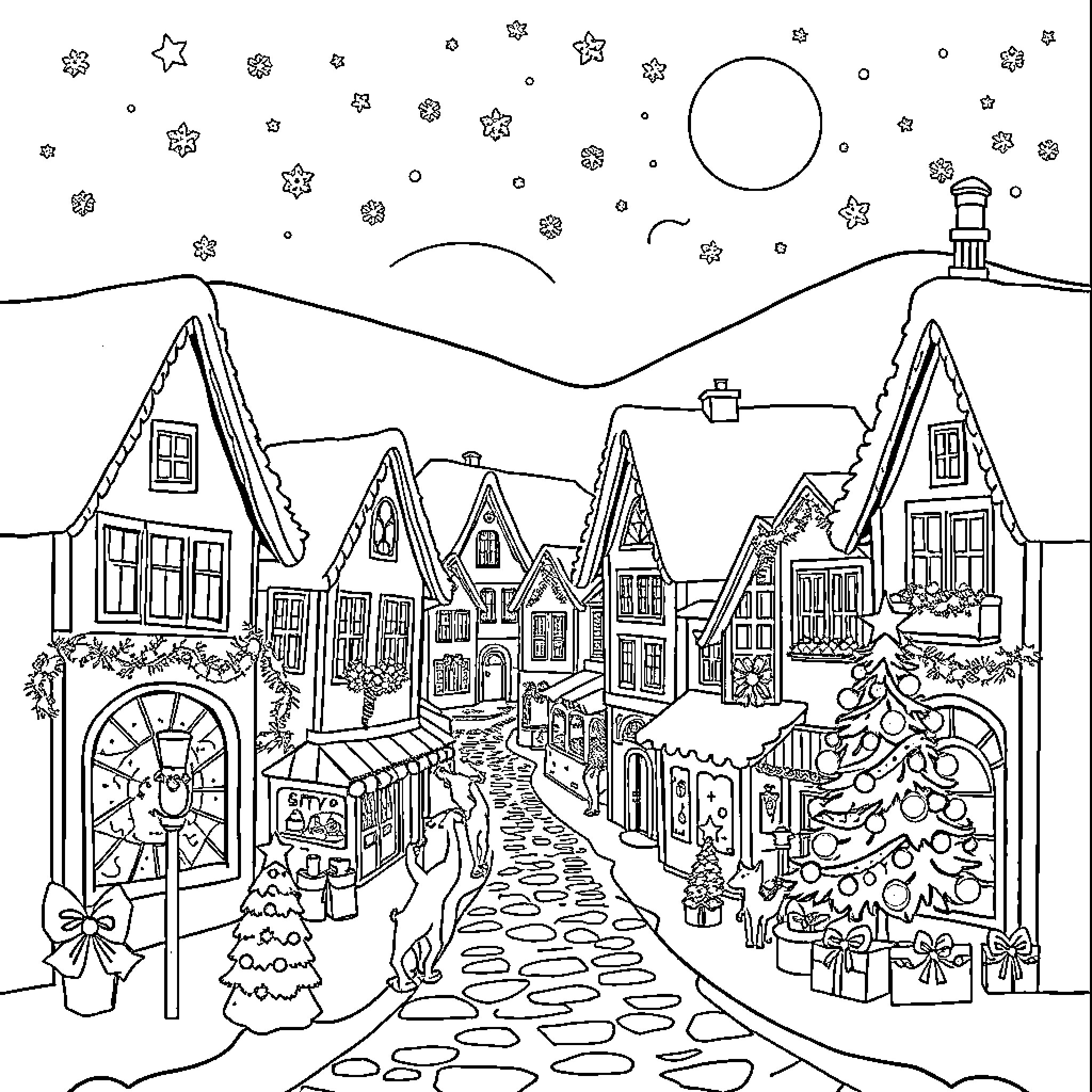 Christmas Town with Festive Decorations and Snowy Scenery Coloring Page (free black-and-white line drawing printable PDF for all, from beginners to advanced learners, including children, teens, adults, and seniors)