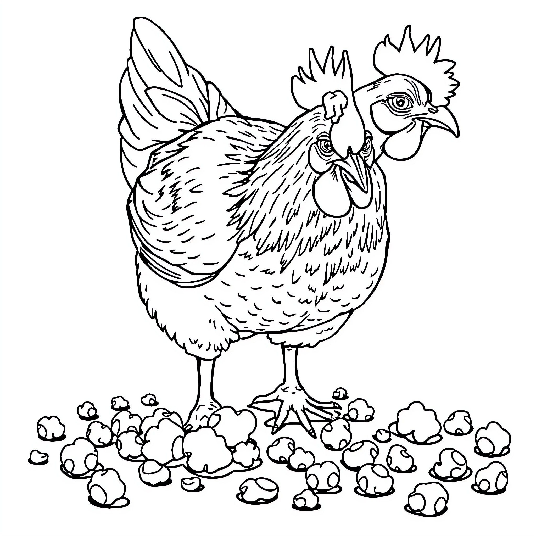 Chicken standing amidst scattered grains Coloring Page (free black-and-white line drawing printable PDF for all, from beginners to advanced learners, including children, teens, adults, and seniors)