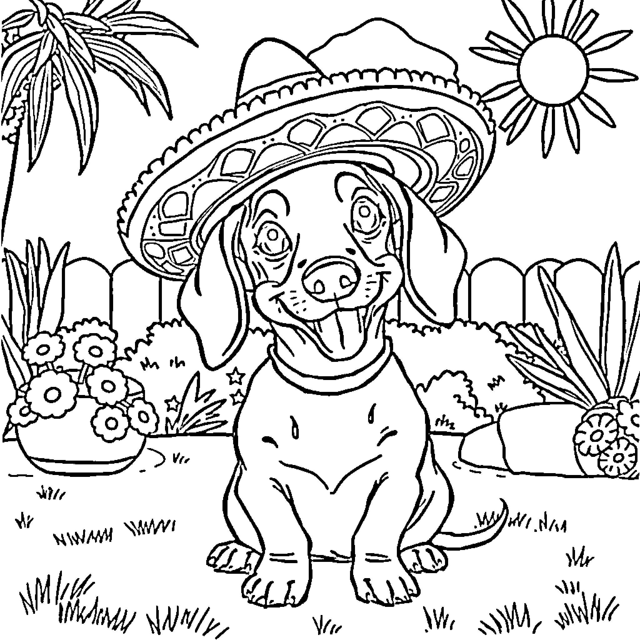 Dachshund enjoying a sunny day in a vibrant garden Coloring Page (free black-and-white line drawing printable PDF for all, from beginners to advanced learners, including children, teens, adults, and seniors)