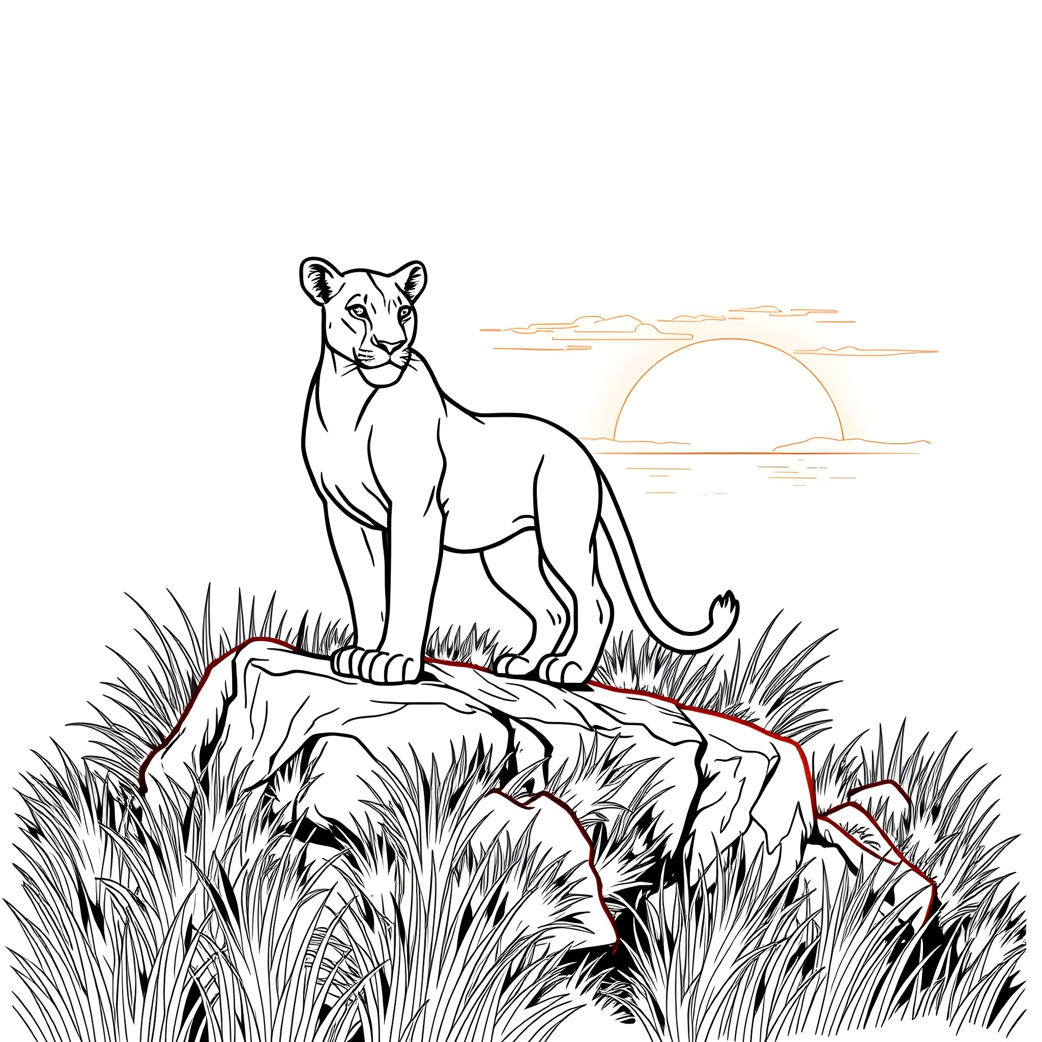 Nala the lioness surveying the grasslands at sunset Coloring Page (free black-and-white line drawing printable PDF for all, from beginners to advanced learners, including children, teens, adults, and seniors)