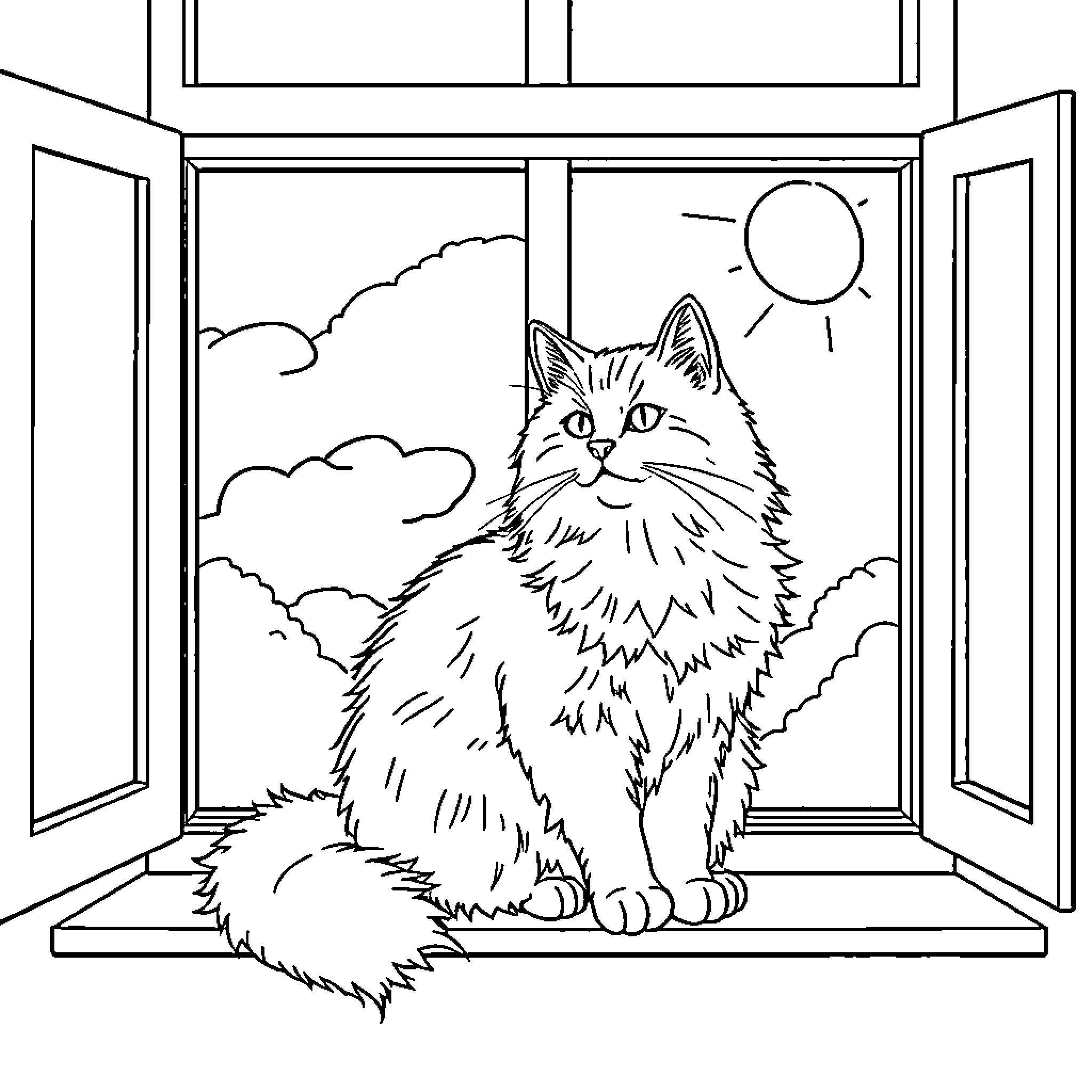 Cat enjoying the view from the window Coloring Page (free black-and-white line drawing printable PDF for all, from beginners to advanced learners, including children, teens, adults, and seniors)