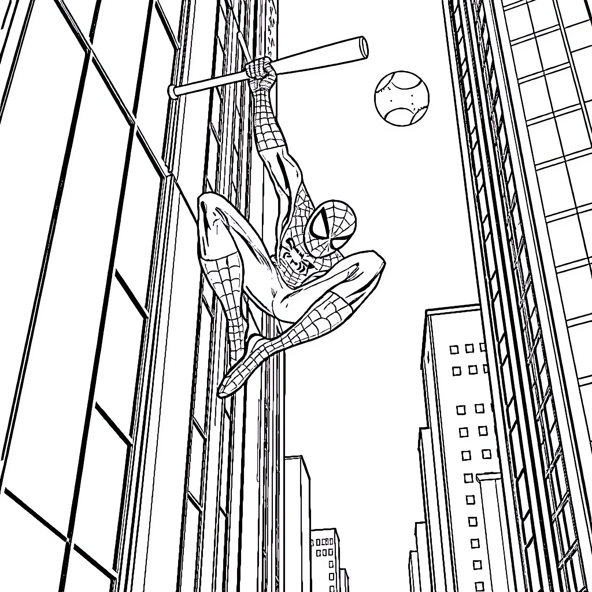 Spider-Man swinging through the city skyline Coloring Page (free black-and-white line drawing printable PDF for all, from beginners to advanced learners, including children, teens, adults, and seniors)