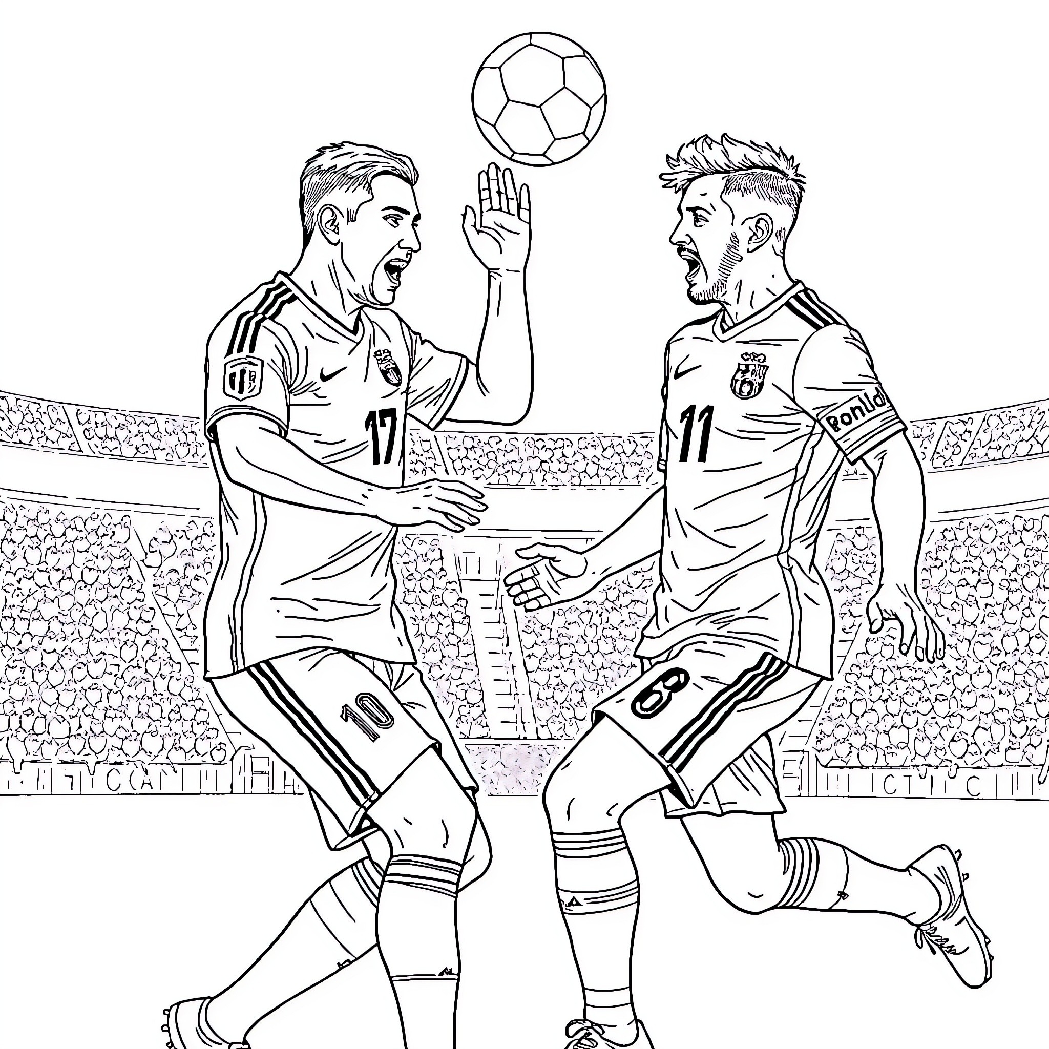 Ronaldo Soccer Players Competing on the Field Coloring Page (free black-and-white line drawing printable PDF for all, from beginners to advanced learners, including children, teens, adults, and seniors)