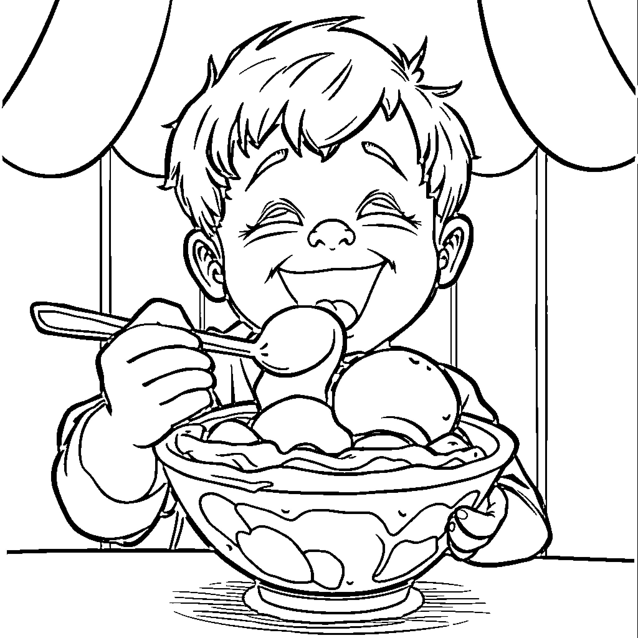 Child happily enjoying a bowl of ice cream Coloring Page (free black-and-white line drawing printable PDF for all, from beginners to advanced learners, including children, teens, adults, and seniors)