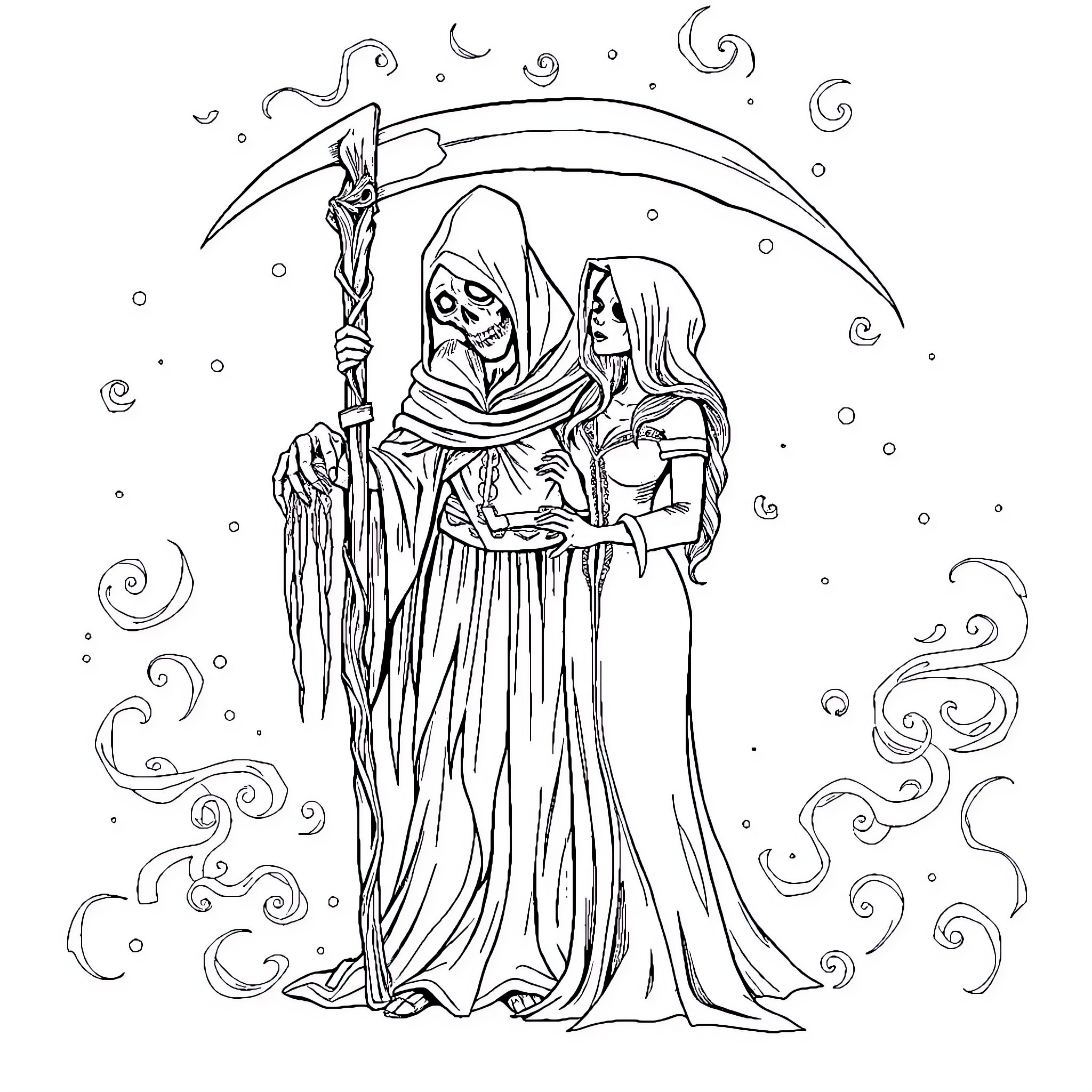 Grim Reaper and Maiden Under Crescent Moon Coloring Page (free black-and-white line drawing printable PDF for all, from beginners to advanced learners, including children, teens, adults, and seniors)