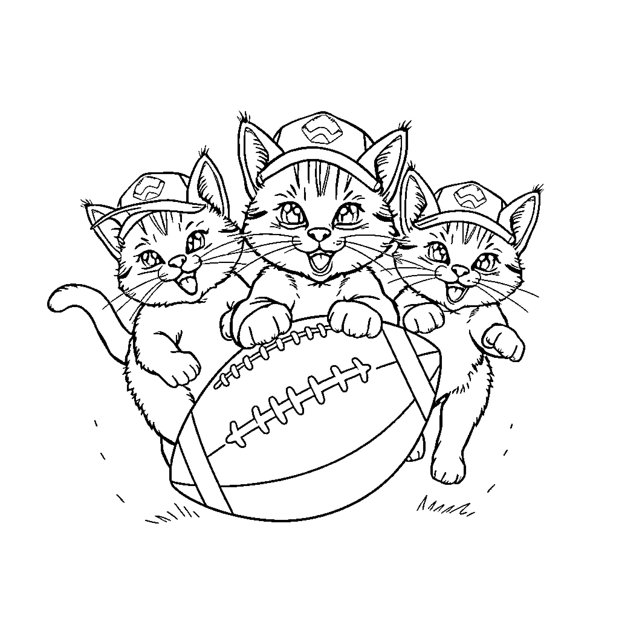Cat football team playing with ball Coloring Page (free black-and-white line drawing printable PDF for all, from beginners to advanced learners, including children, teens, adults, and seniors)