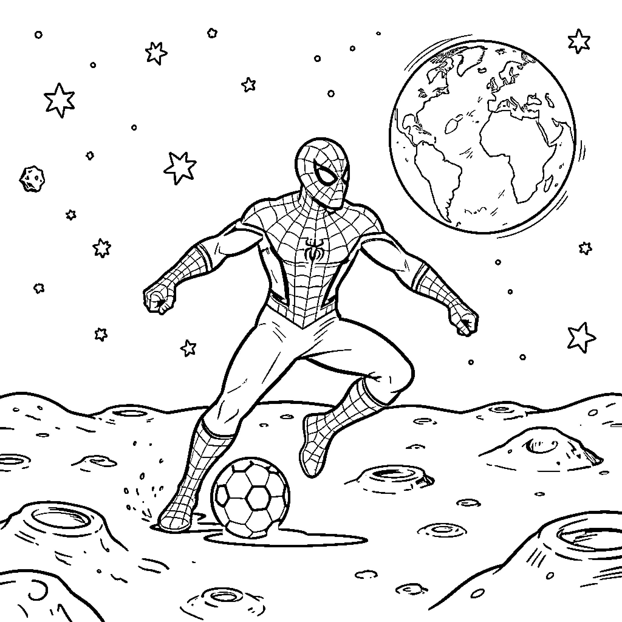 Spider-Man playing soccer on the moon Coloring Page (free black-and-white line drawing printable PDF for all, from beginners to advanced learners, including children, teens, adults, and seniors)