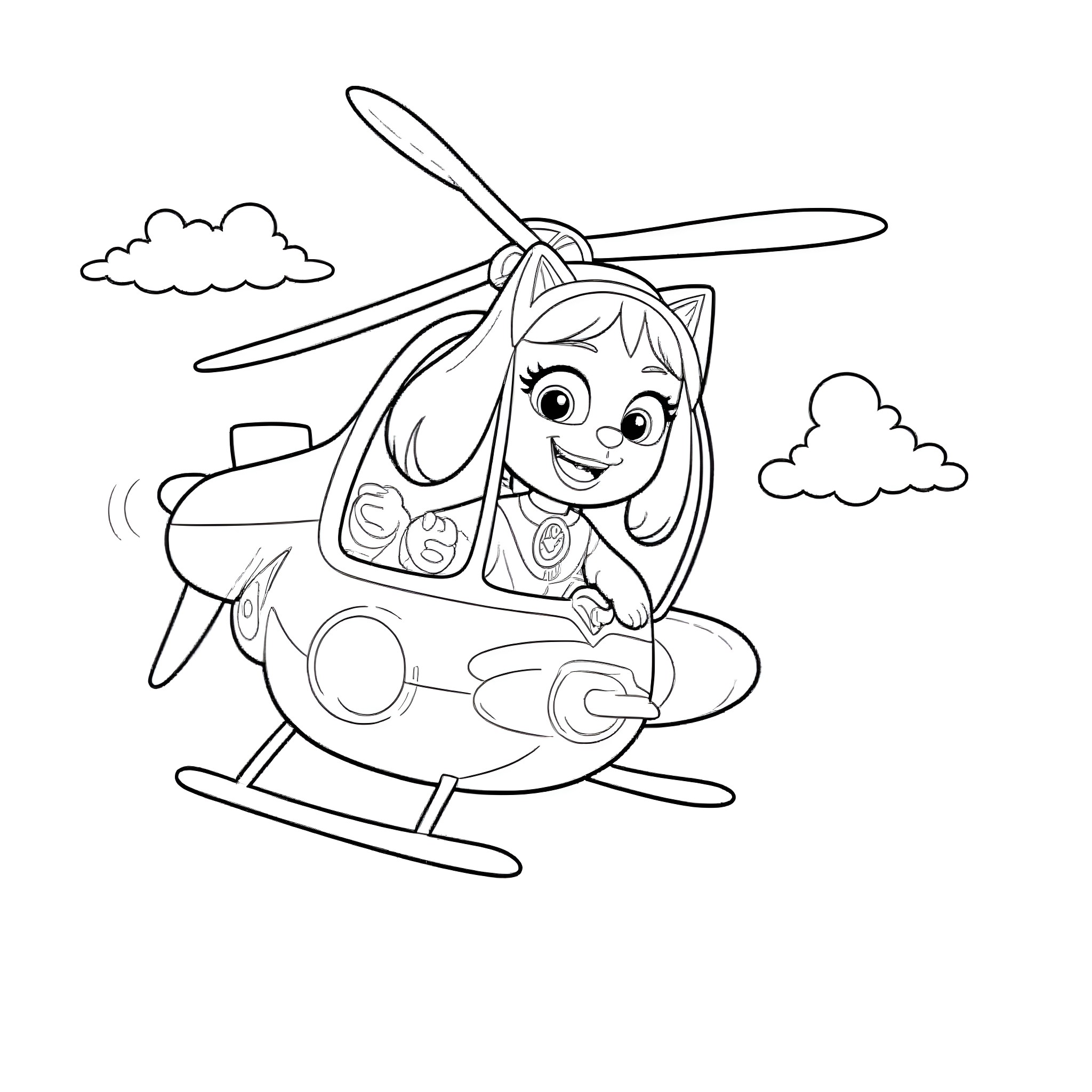 Sky fun with a girl in a helicopter Coloring Page (free black-and-white line drawing printable PDF for all, from beginners to advanced learners, including children, teens, adults, and seniors)