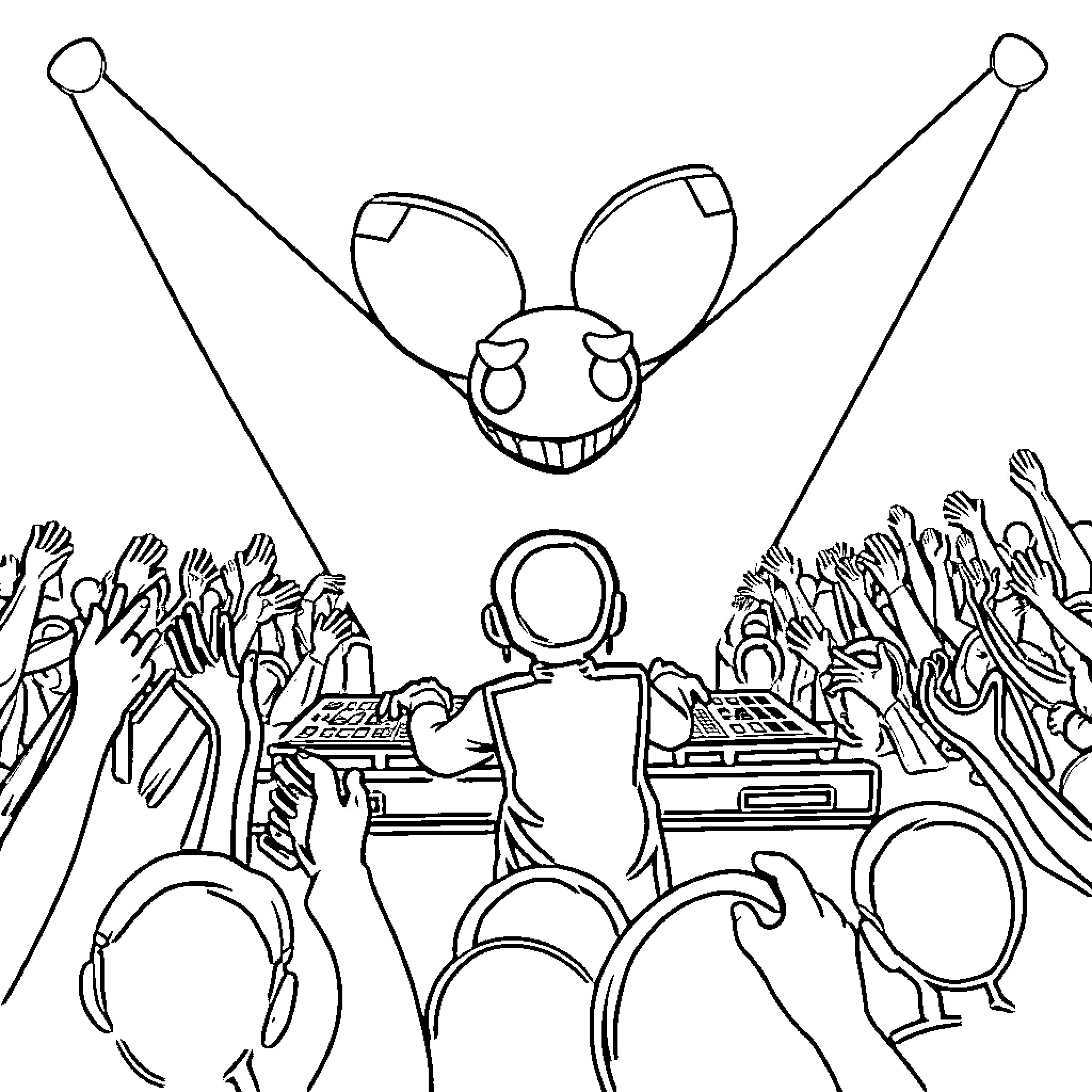 Deadmau5 performing before a lively crowd Coloring Page (free black-and-white line drawing printable PDF for all, from beginners to advanced learners, including children, teens, adults, and seniors)