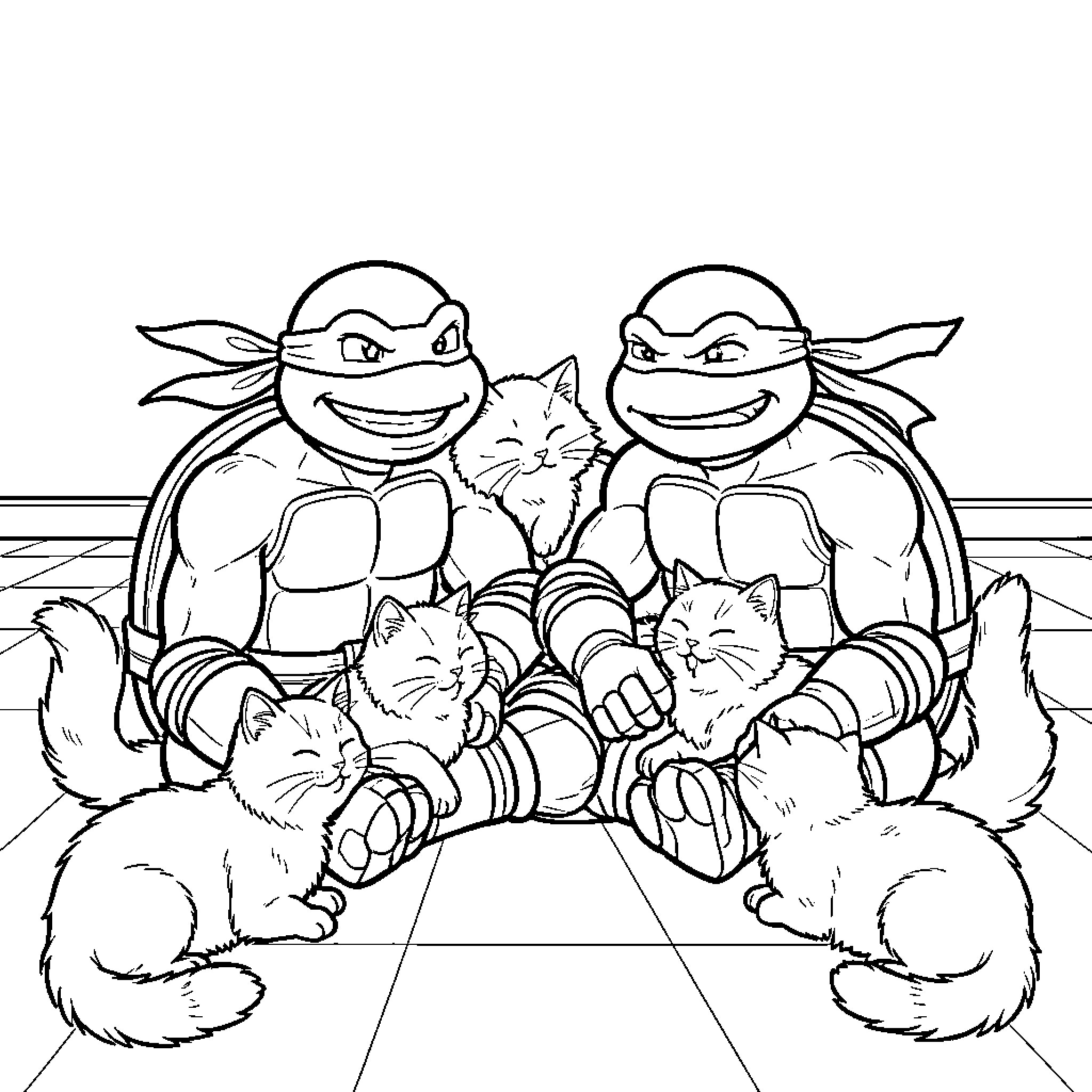 Ninja Turtles with Adorable Feline Friends Coloring Page (free black-and-white line drawing printable PDF for all, from beginners to advanced learners, including children, teens, adults, and seniors)