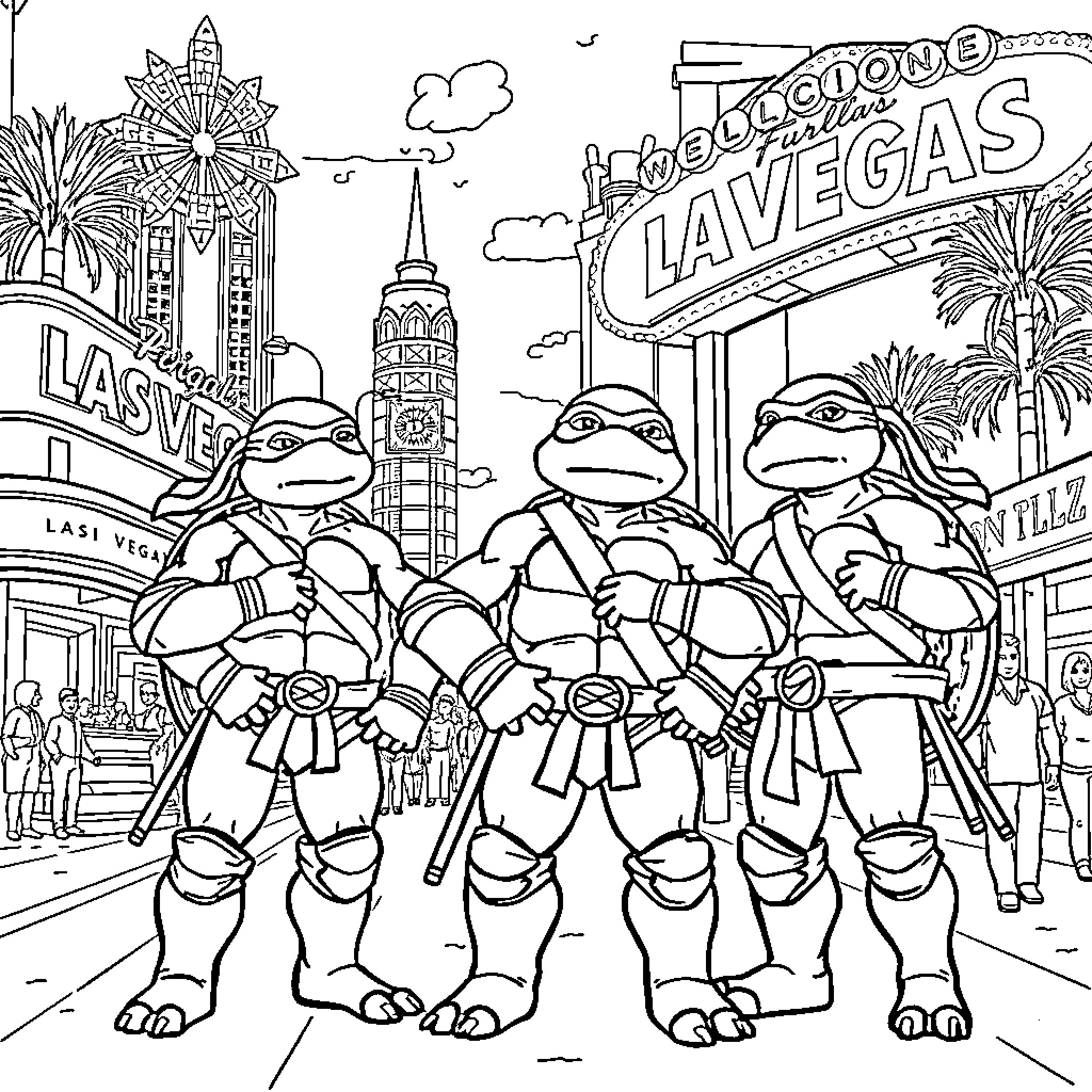 Ninja Turtles exploring the vibrant Las Vegas cityscape Coloring Page (free black-and-white line drawing printable PDF for all, from beginners to advanced learners, including children, teens, adults, and seniors)