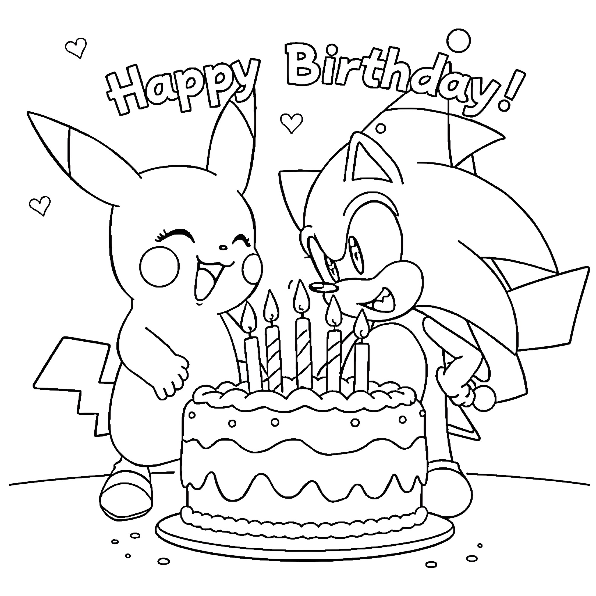 Pikachu celebrating a birthday with Sonic the Hedgehog Coloring Page (free black-and-white line drawing printable PDF for all, from beginners to advanced learners, including children, teens, adults, and seniors)