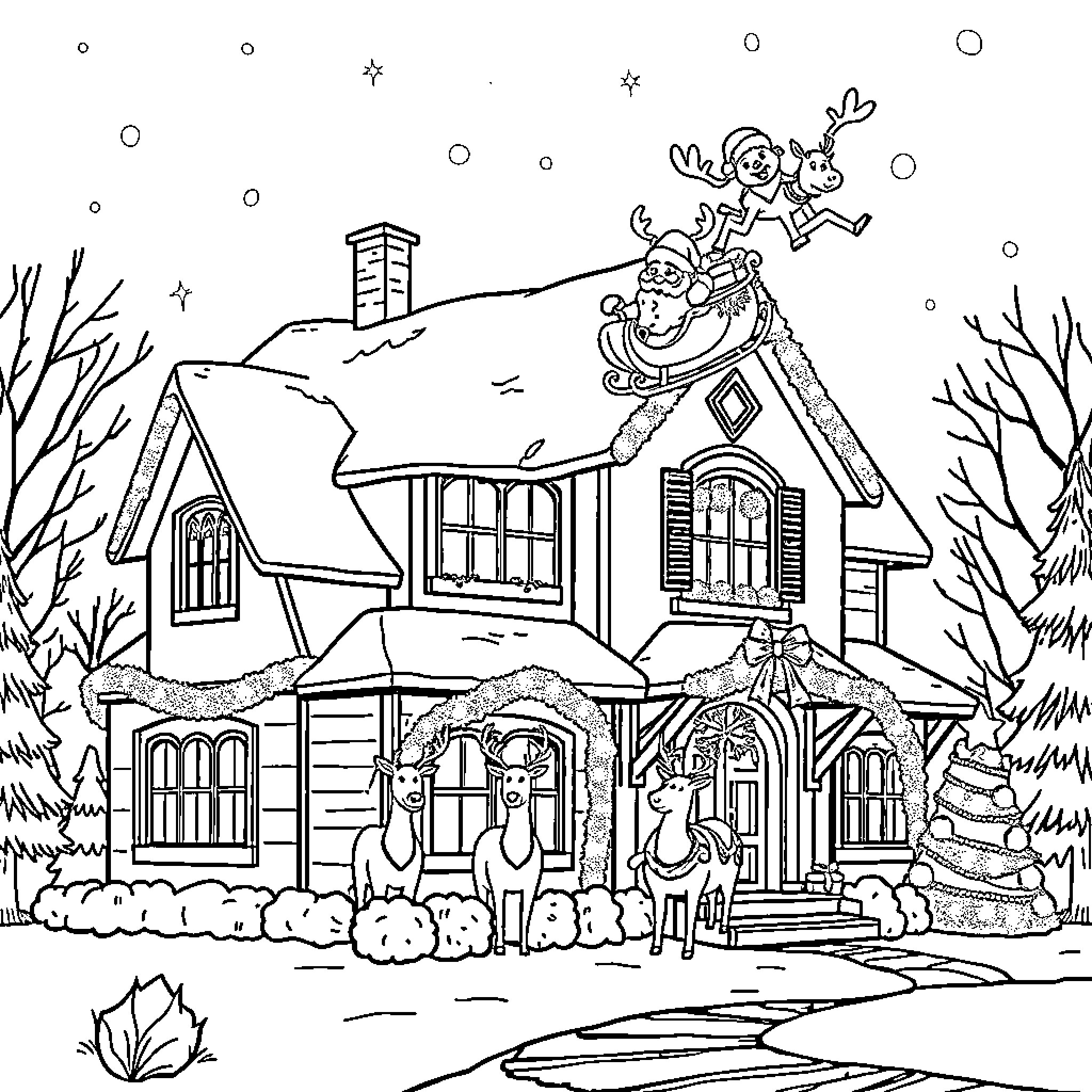House with Christmas decorations and figures Coloring Page (free black-and-white line drawing printable PDF for all, from beginners to advanced learners, including children, teens, adults, and seniors)