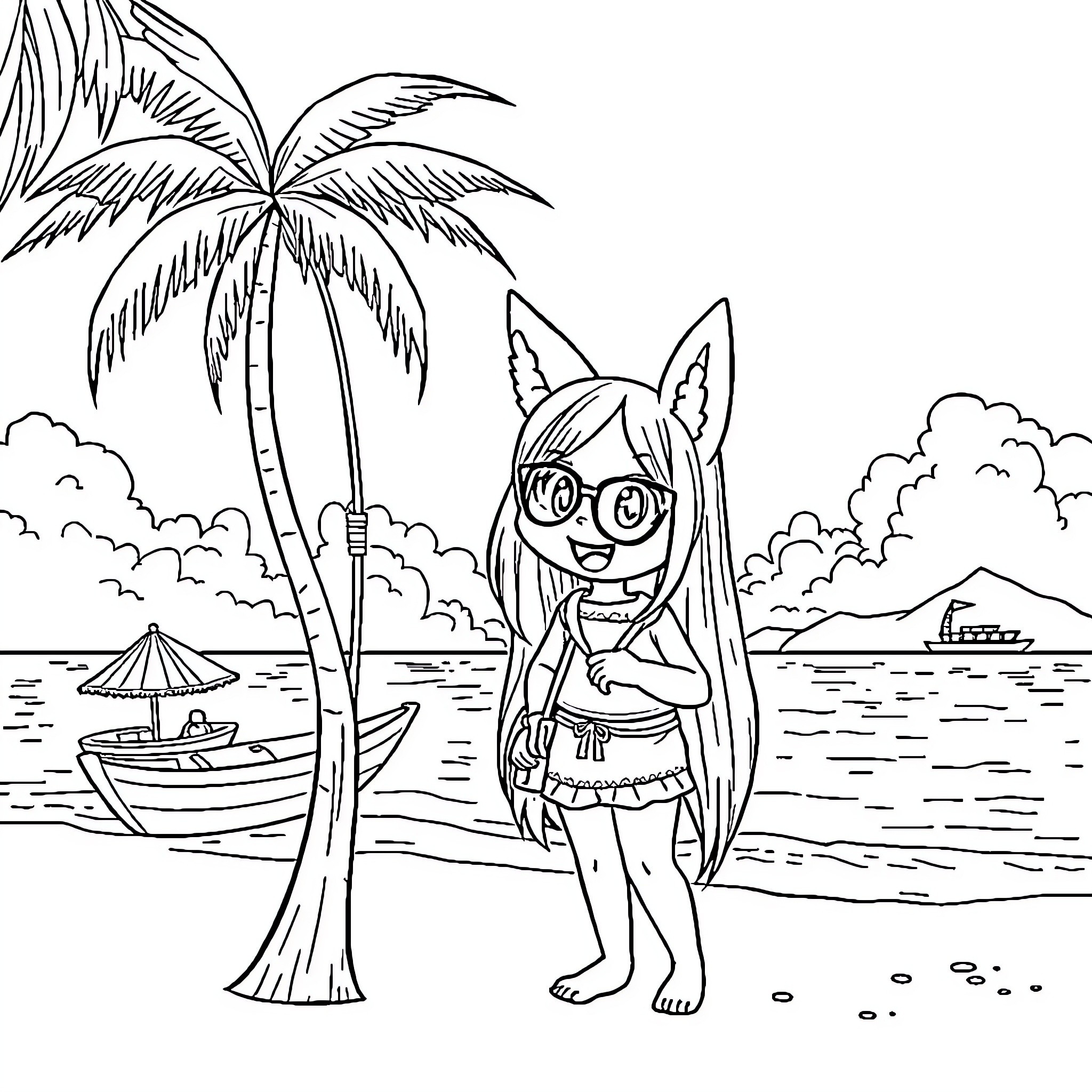 Kuromi having fun at the beach Coloring Page (free black-and-white line drawing printable PDF for all, from beginners to advanced learners, including children, teens, adults, and seniors)