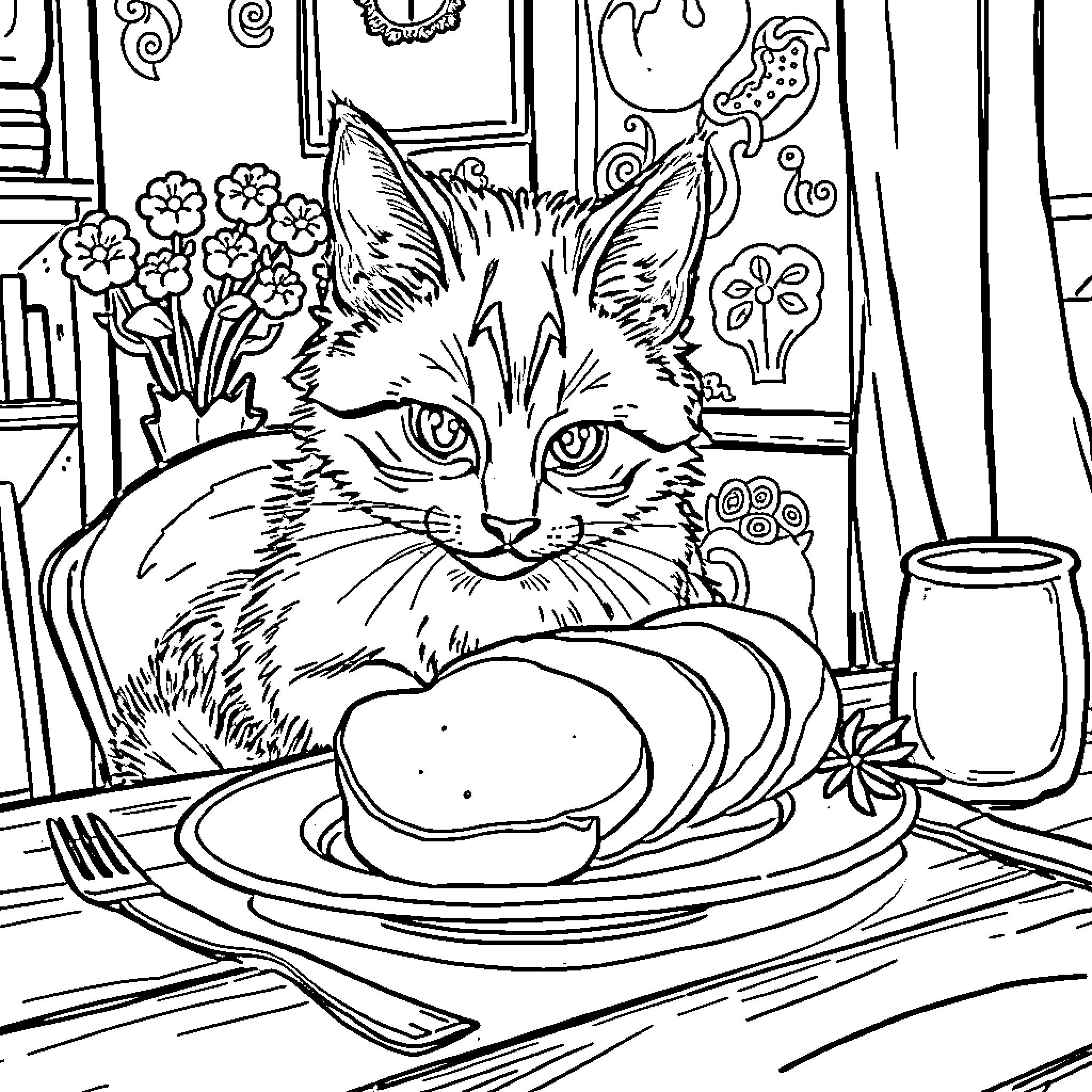Manchen Cat enjoying a hearty meal in a cozy setting Coloring Page (free black-and-white line drawing printable PDF for all, from beginners to advanced learners, including children, teens, adults, and seniors)