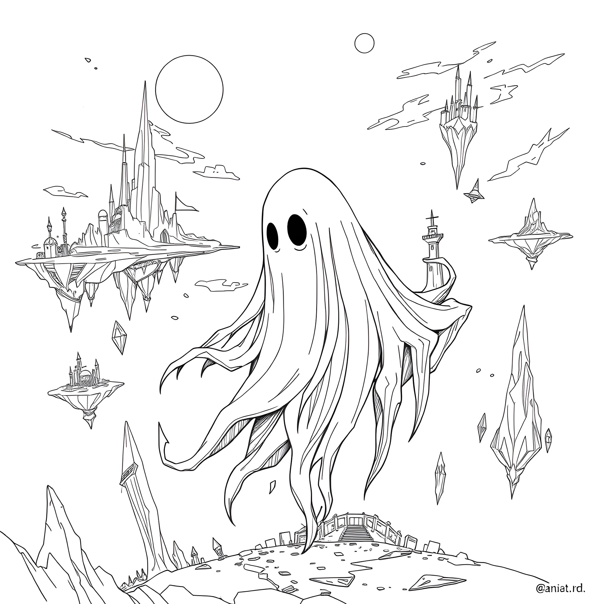 Ghast floating in the otherworldly realm Coloring Page (free black-and-white line drawing printable PDF for all, from beginners to advanced learners, including children, teens, adults, and seniors)