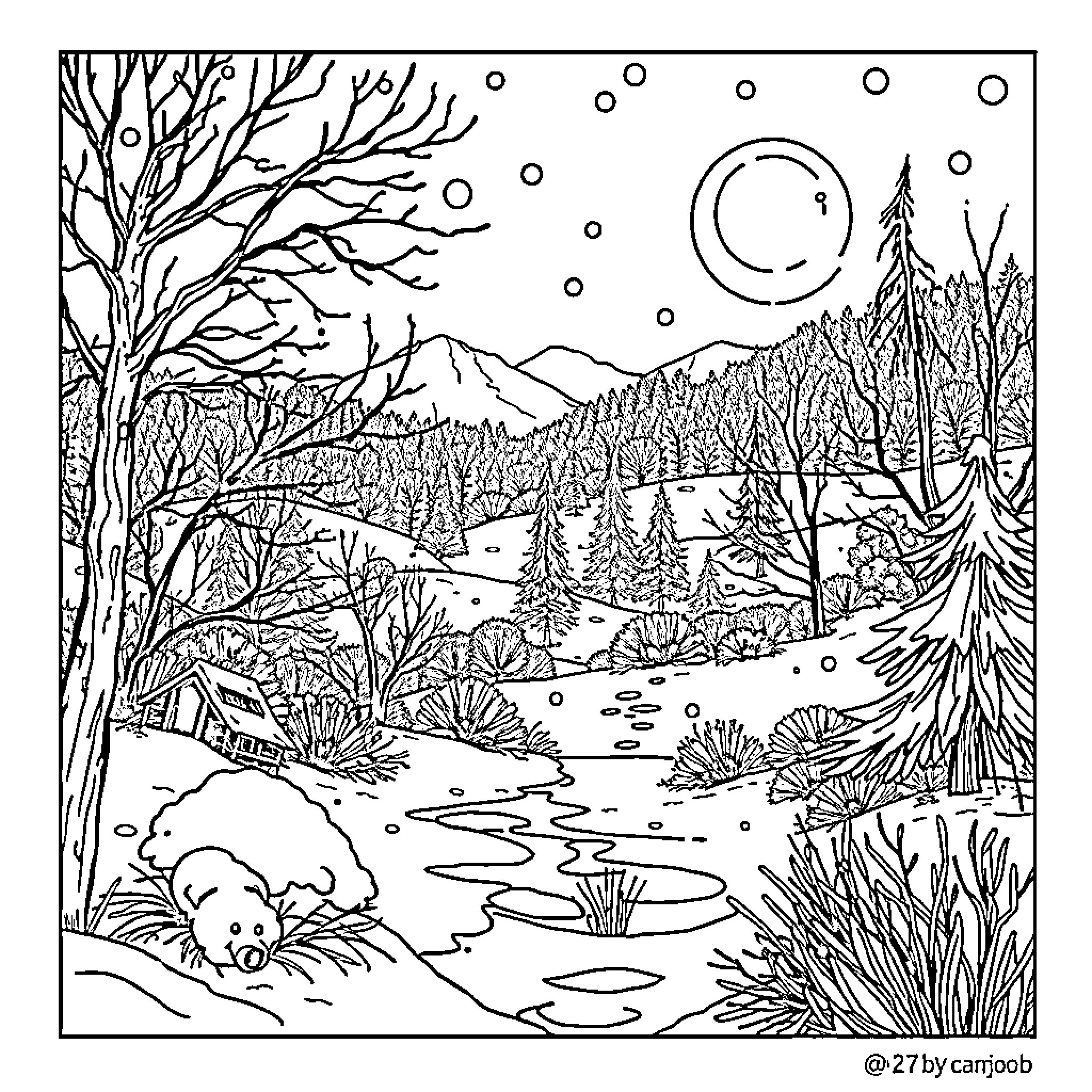 ICE Winter Landscape with Moon and Forest Coloring Page (free black-and-white line drawing printable PDF for all, from beginners to advanced learners, including children, teens, adults, and seniors)