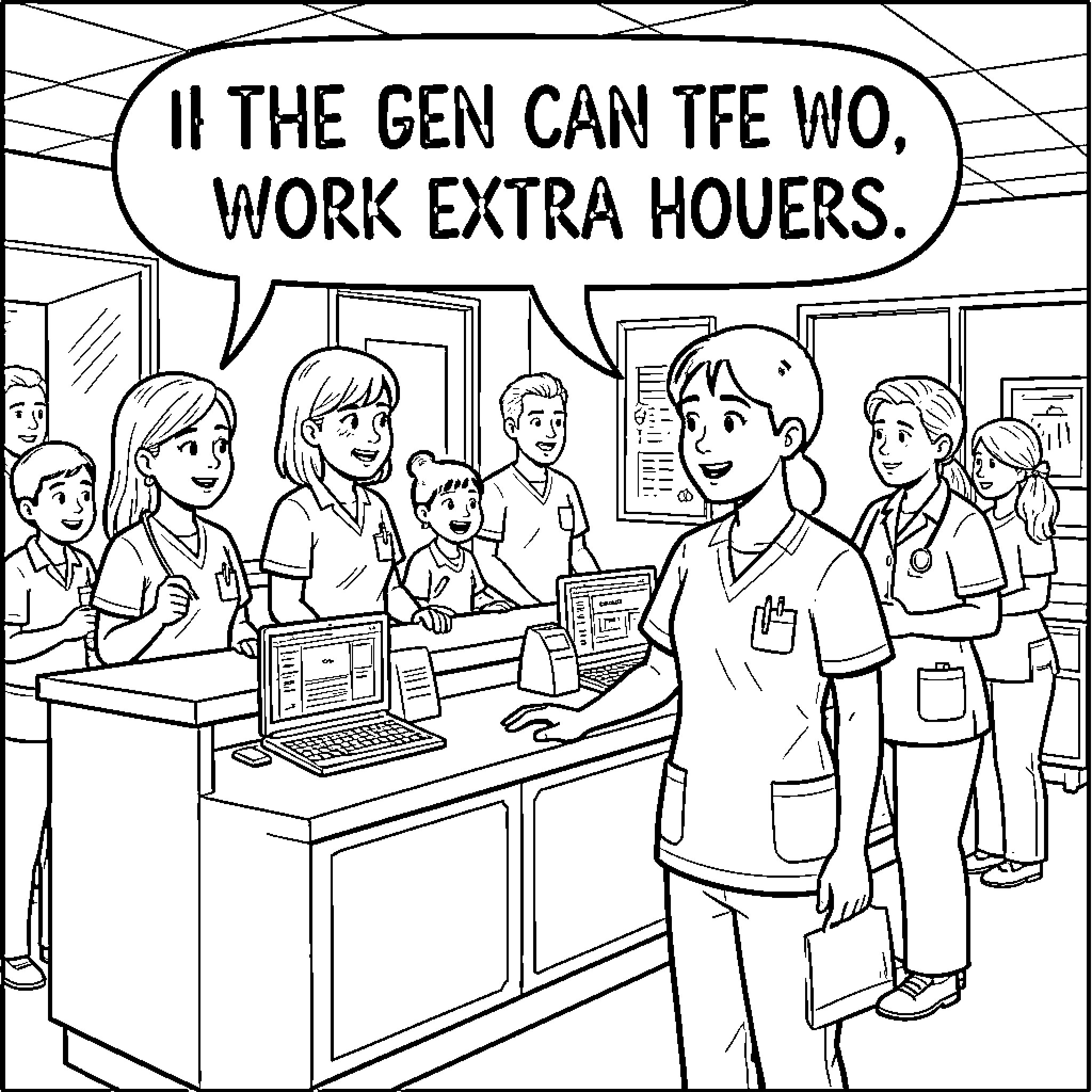 Nursing Supervisor leading a staff meeting at a hospital station Coloring Page (free black-and-white line drawing printable PDF for all, from beginners to advanced learners, including children, teens, adults, and seniors)