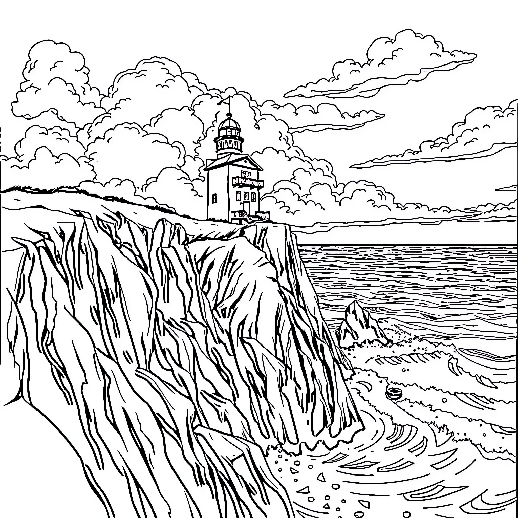 House on the Cliff Overlooking the Stormy Sea Coloring Page (free black-and-white line drawing printable PDF for all, from beginners to advanced learners, including children, teens, adults, and seniors)