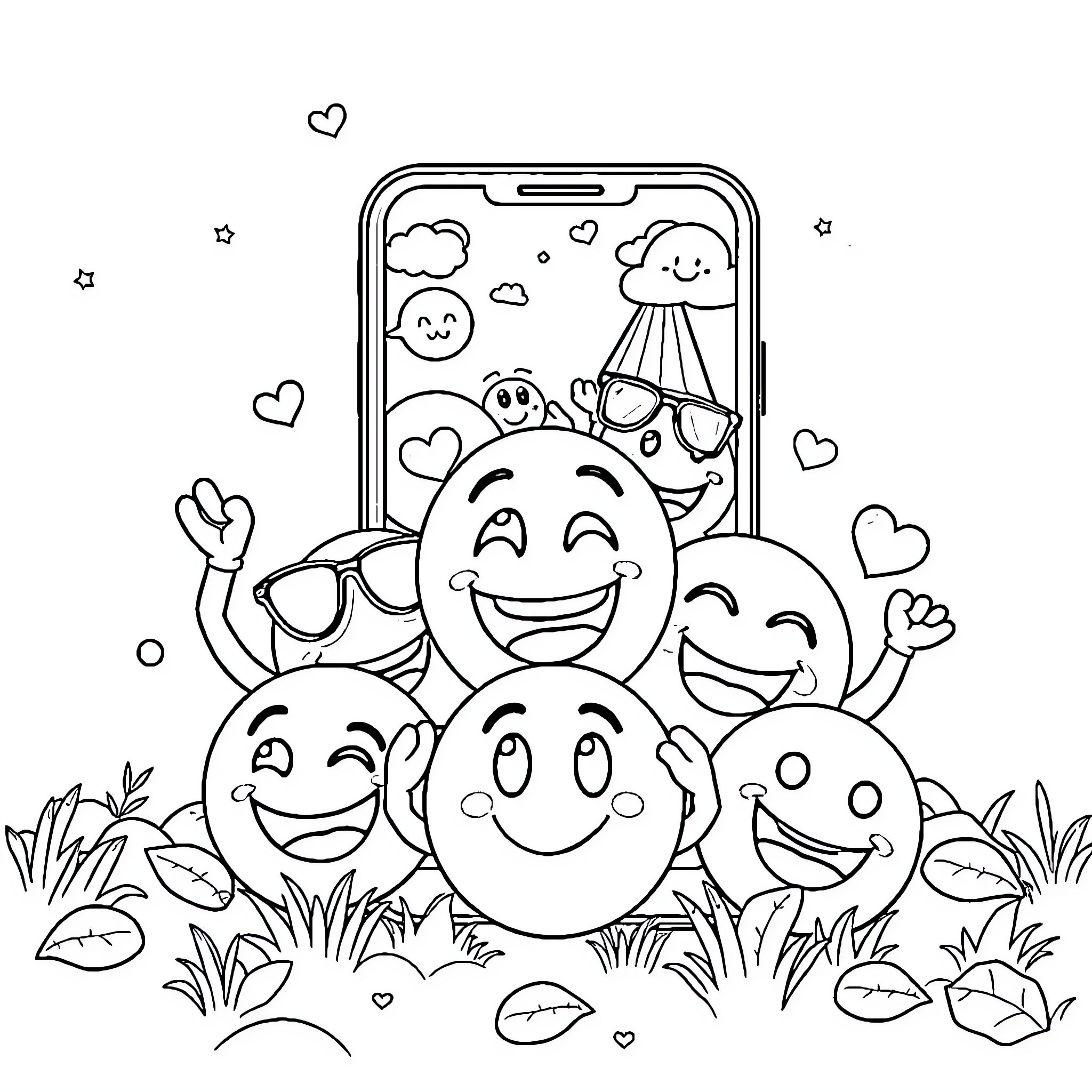 Emoji Friends Taking Selfie in Nature Coloring Page (free black-and-white line drawing printable PDF for all, from beginners to advanced learners, including children, teens, adults, and seniors)
