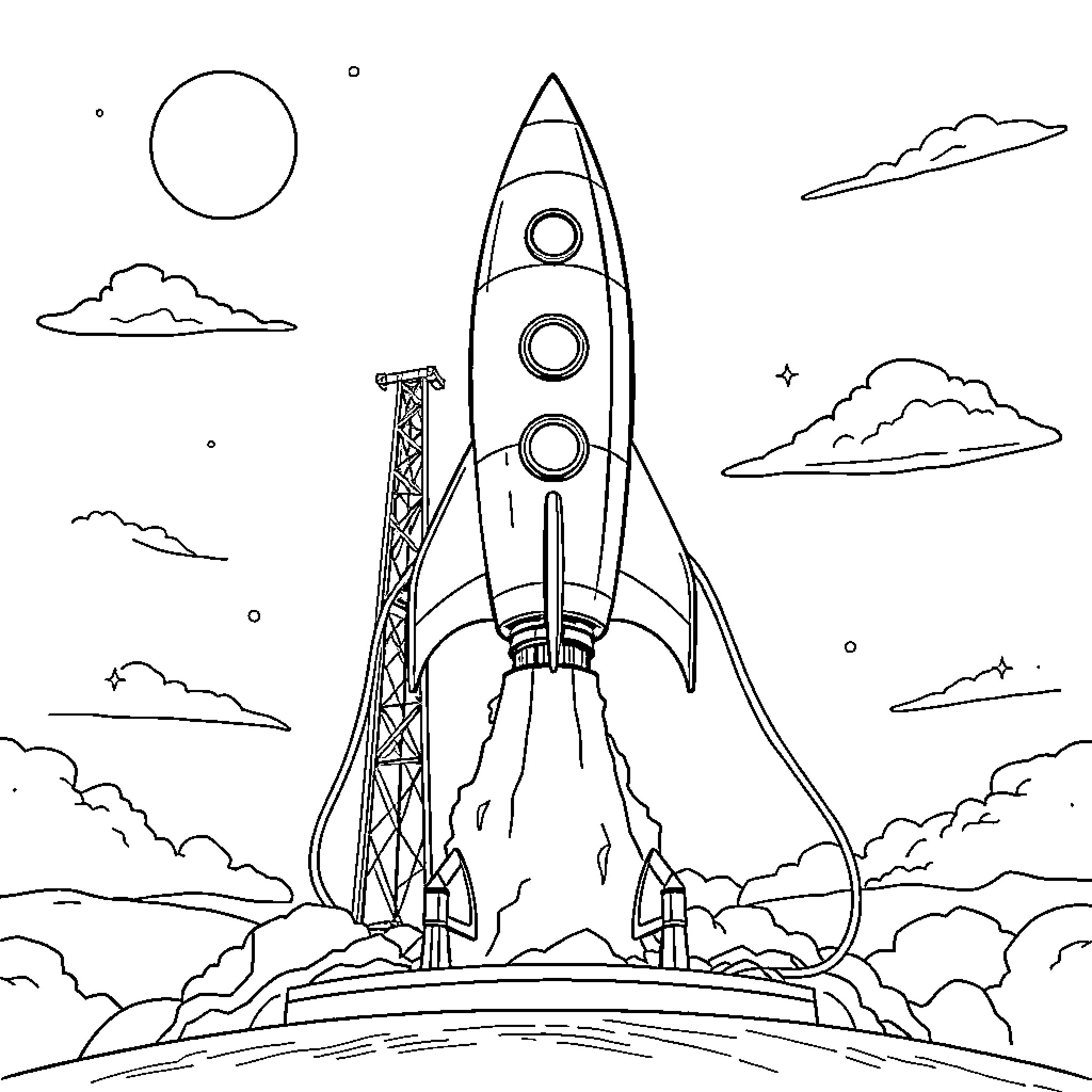 Rocket Launching into Outer Space Coloring Page (free black-and-white line drawing printable PDF for all, from beginners to advanced learners, including children, teens, adults, and seniors)