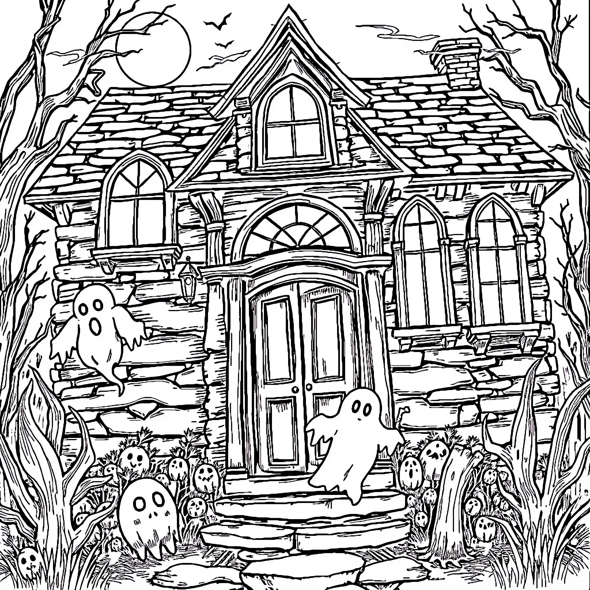 Haunted House with Ghostly Figures and Eerie Scenery Coloring Page (free black-and-white line drawing printable PDF for all, from beginners to advanced learners, including children, teens, adults, and seniors)