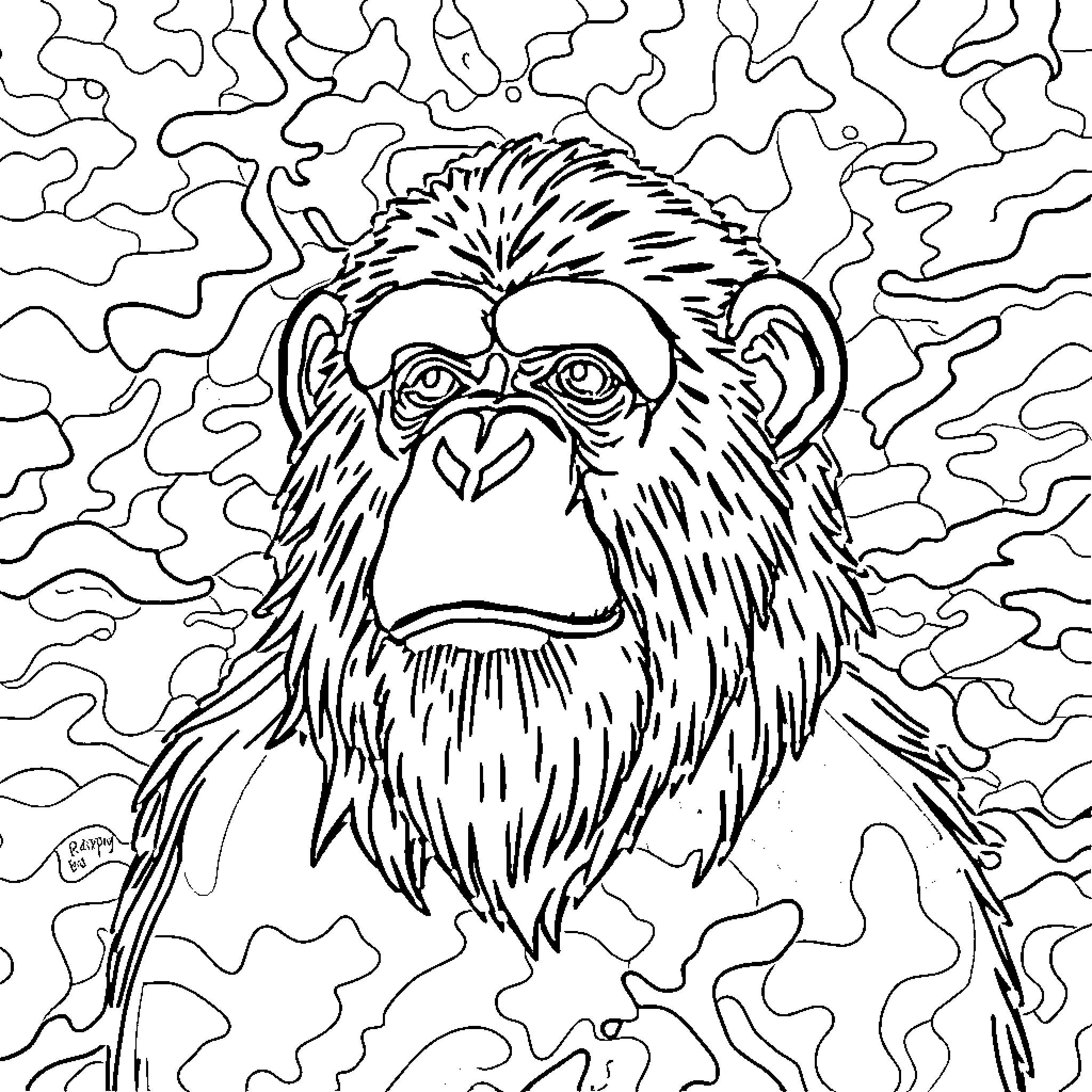 Ape lost in intricate pattern Coloring Page (free black-and-white line drawing printable PDF for all, from beginners to advanced learners, including children, teens, adults, and seniors)