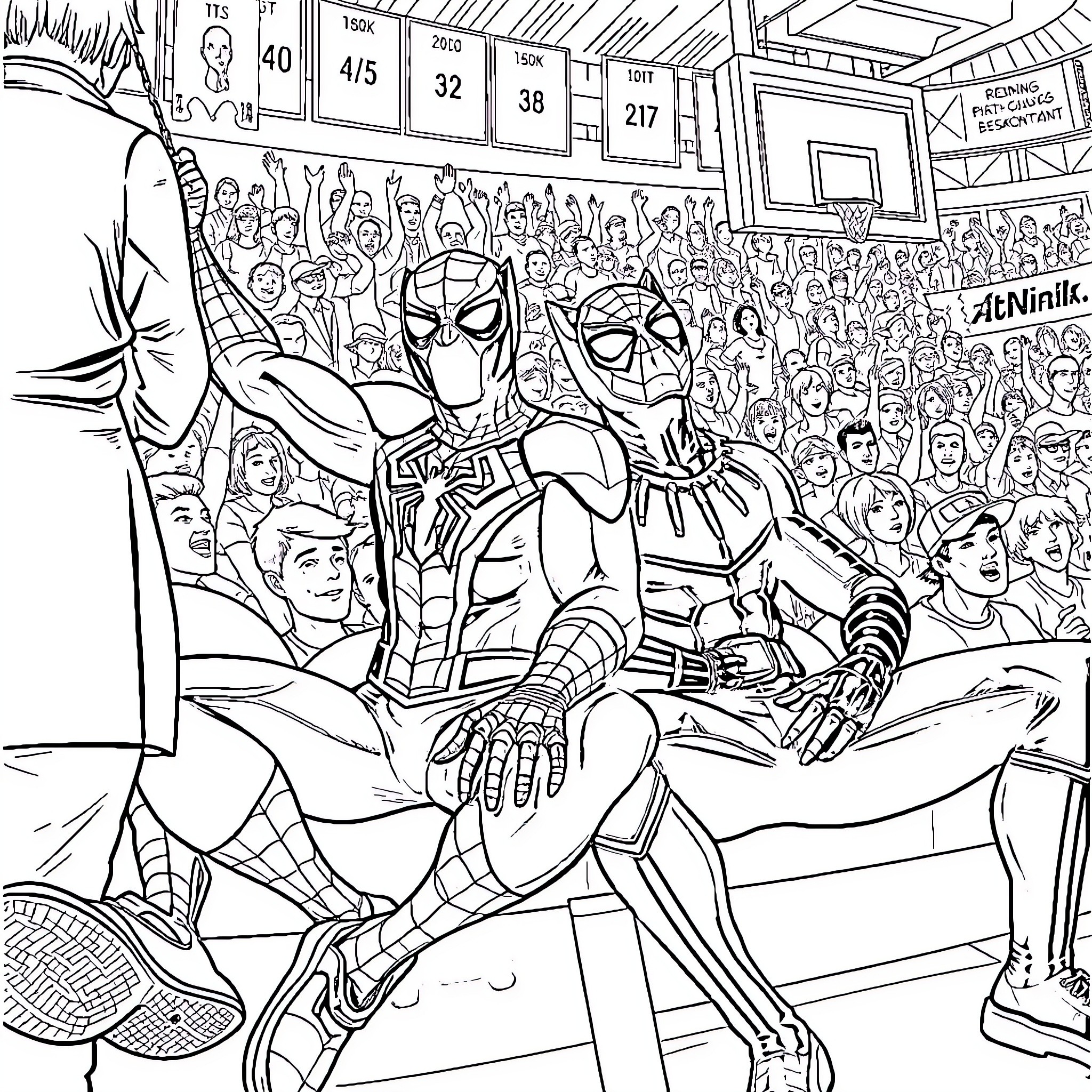 Spiderman battling in a crowded arena Coloring Page (free black-and-white line drawing printable PDF for all, from beginners to advanced learners, including children, teens, adults, and seniors)