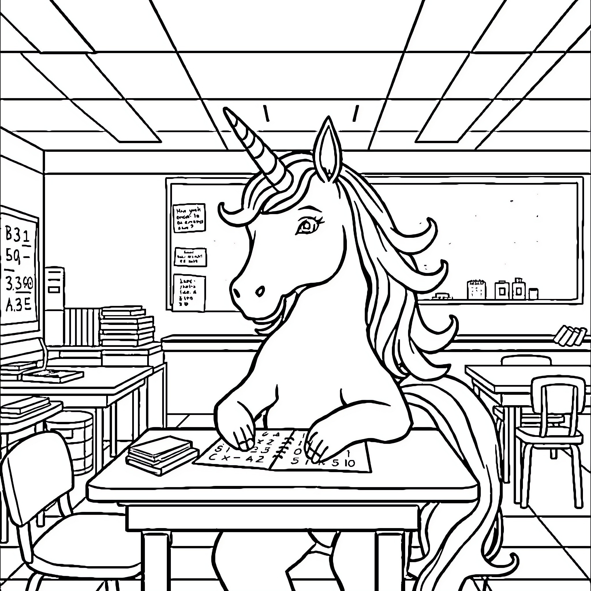 Unicorn studying diligently in the classroom Coloring Page (free black-and-white line drawing printable PDF for all, from beginners to advanced learners, including children, teens, adults, and seniors)