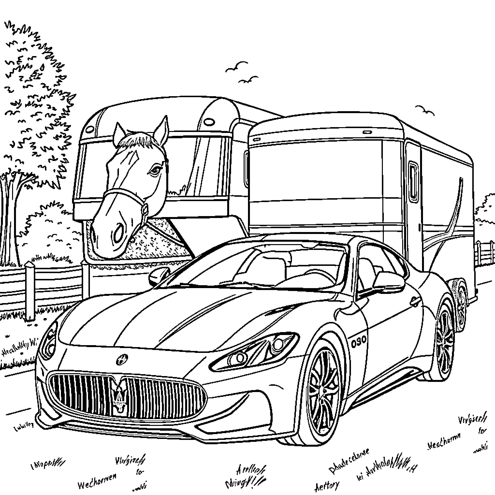 Car with Horse Trailer on a Country Road Coloring Page (free black-and-white line drawing printable PDF for all, from beginners to advanced learners, including children, teens, adults, and seniors)