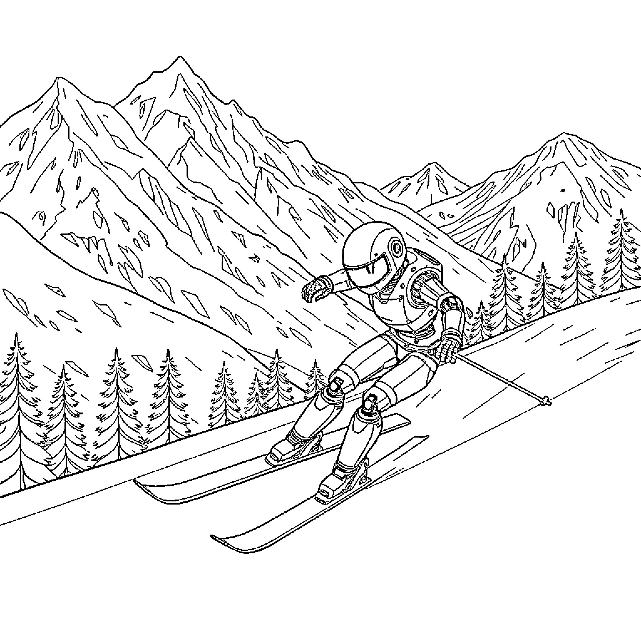 Robot skiing down snowy mountain slopes Coloring Page (free black-and-white line drawing printable PDF for all, from beginners to advanced learners, including children, teens, adults, and seniors)