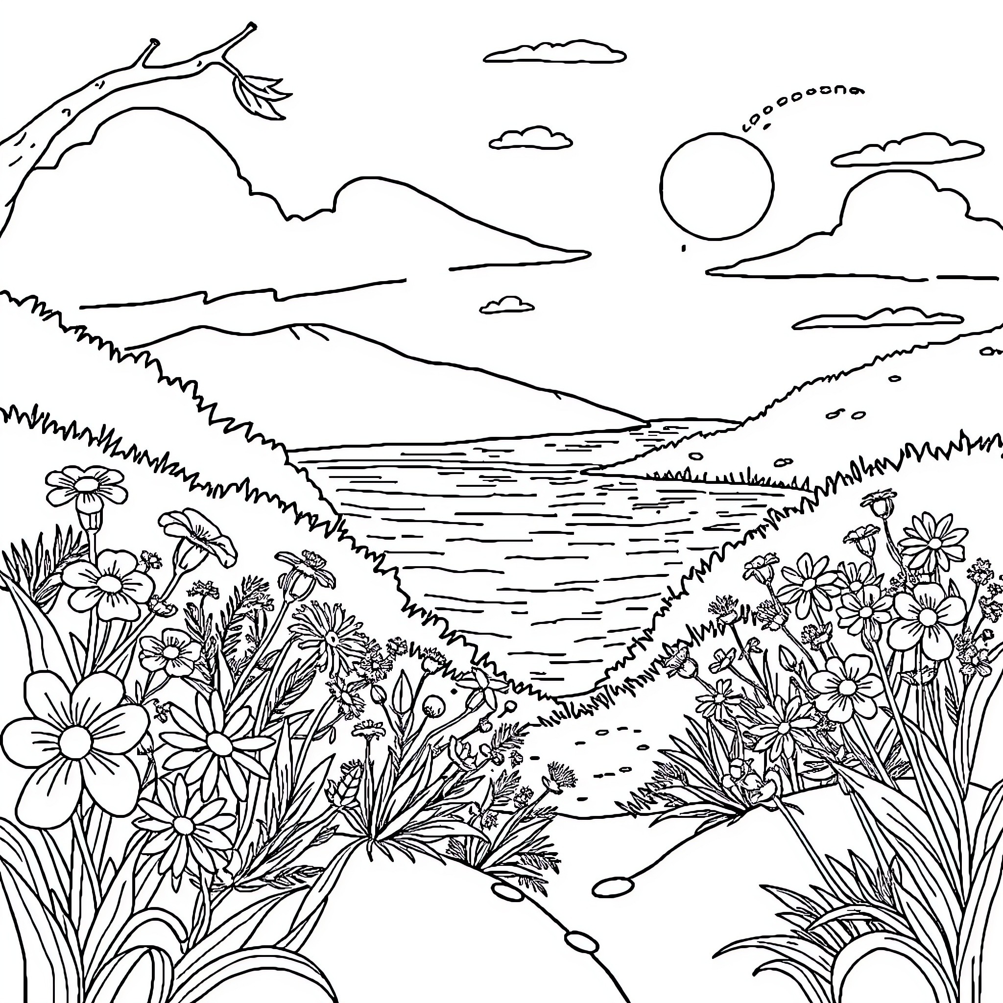 Summer Landscape with Flowers and Mountains Coloring Page (free black-and-white line drawing printable PDF for all, from beginners to advanced learners, including children, teens, adults, and seniors)