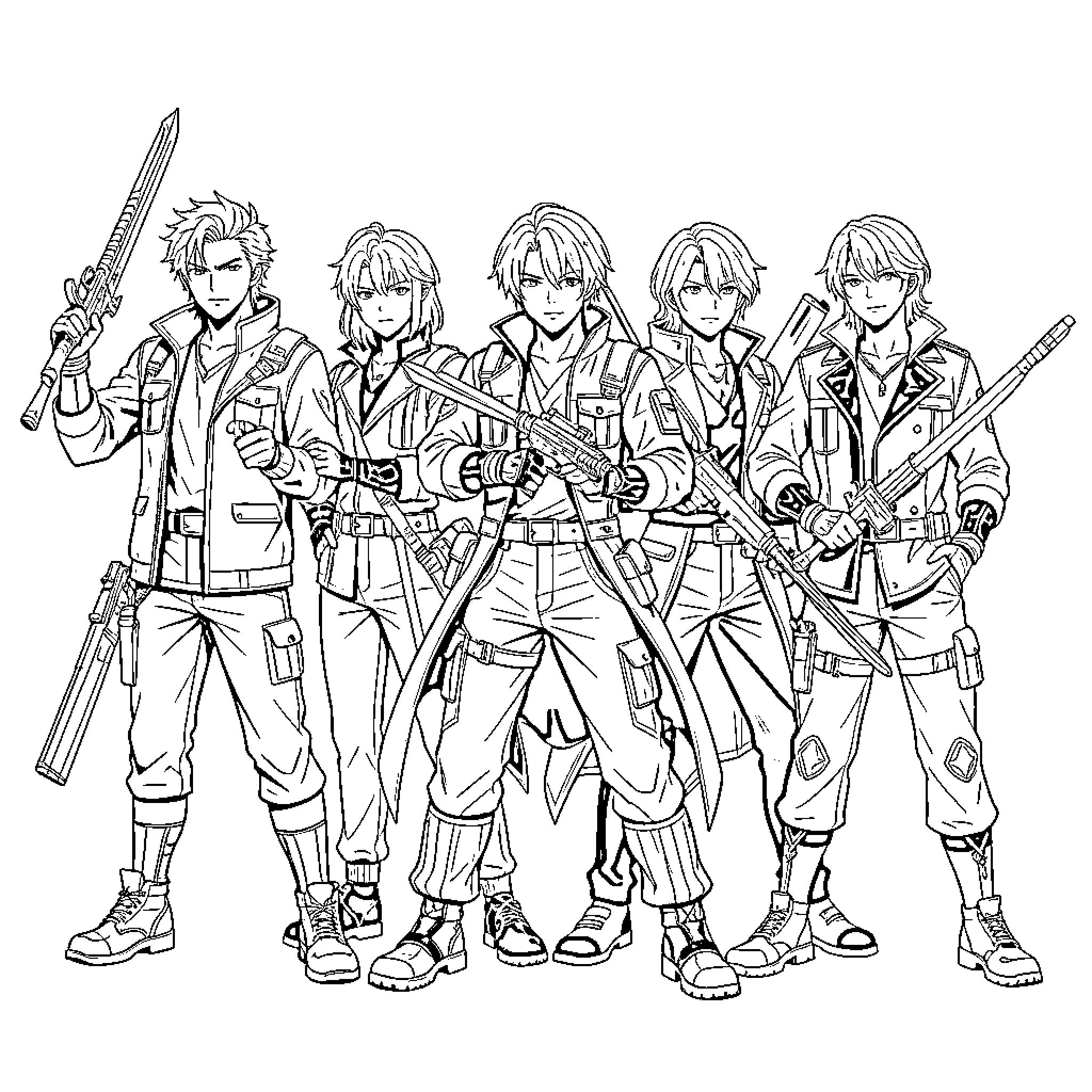 K-POP Demon Hunter group posing with various swords Coloring Page (free black-and-white line drawing printable PDF for all, from beginners to advanced learners, including children, teens, adults, and seniors)