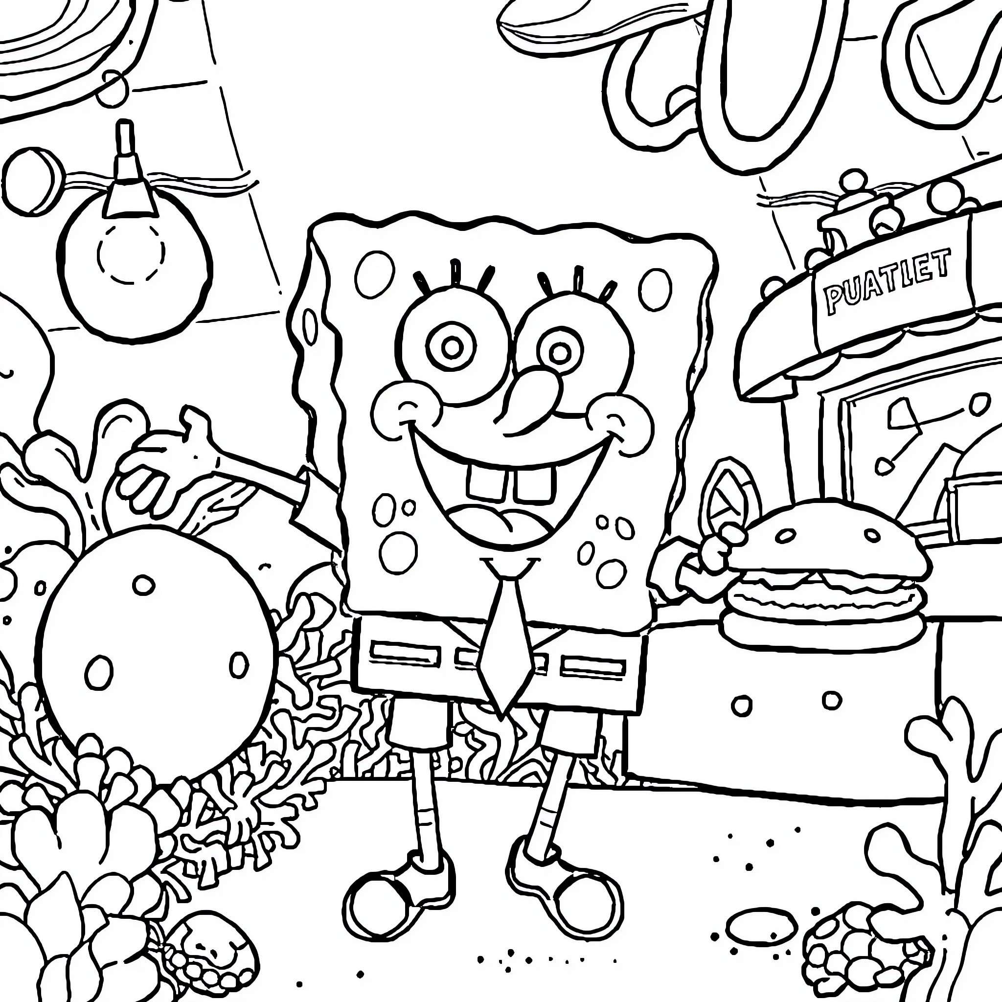 Spongebob's Quirky Underwater Adventure Coloring Page (free black-and-white line drawing printable PDF for all, from beginners to advanced learners, including children, teens, adults, and seniors)