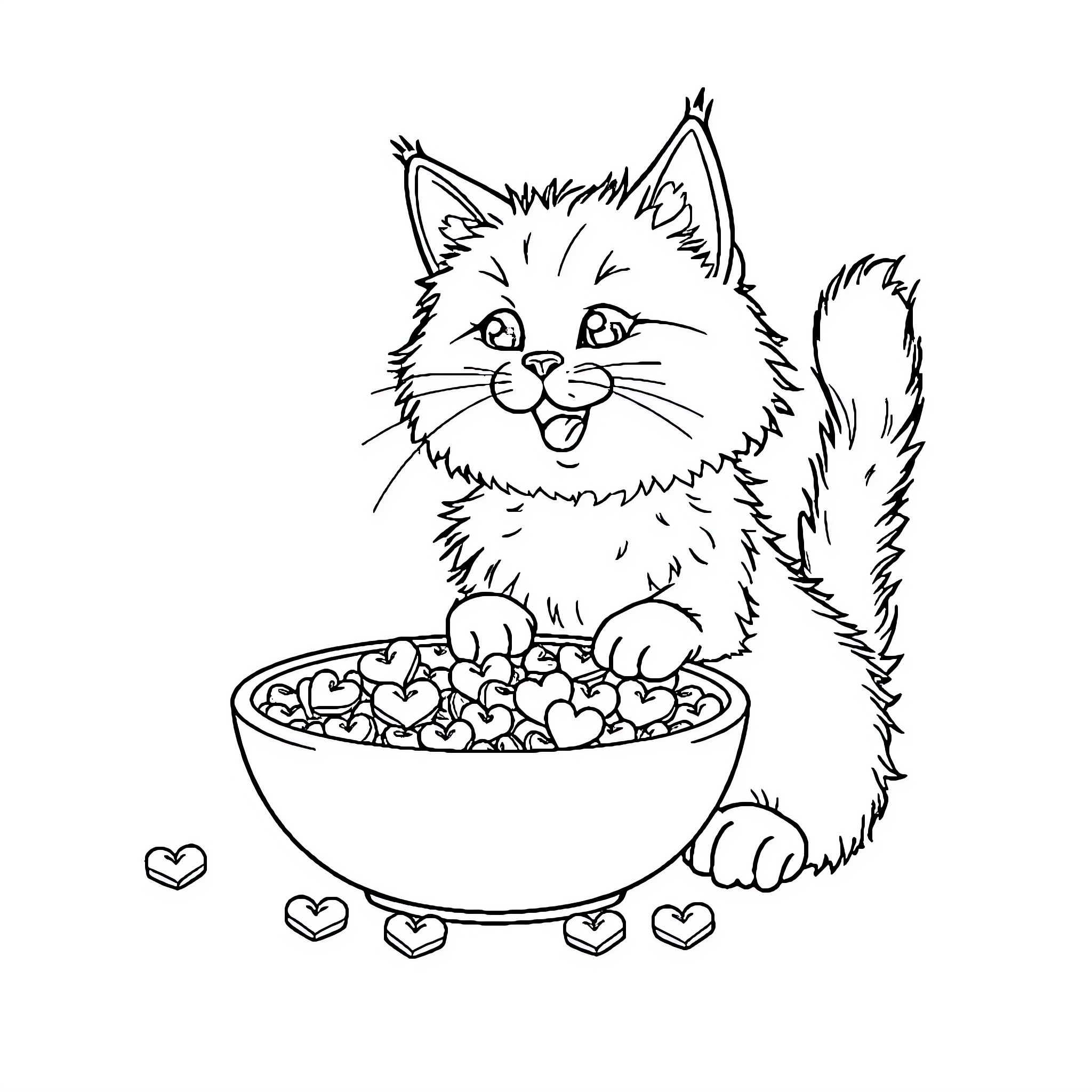 Cat enjoying a bowl of hearts Coloring Page (free black-and-white line drawing printable PDF for all, from beginners to advanced learners, including children, teens, adults, and seniors)