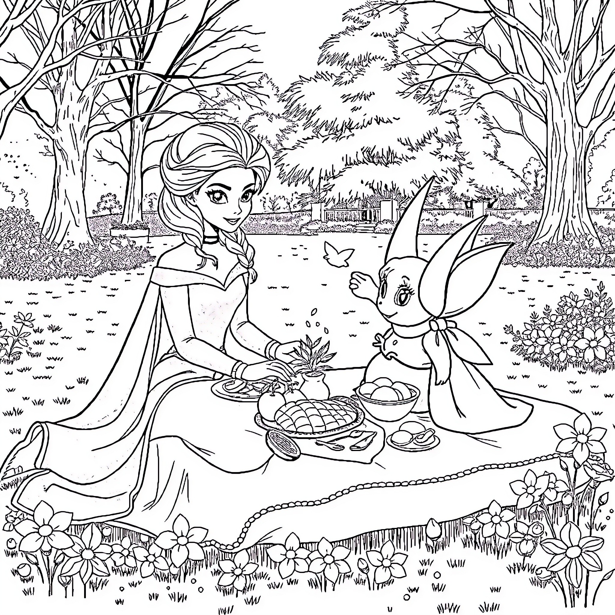 Queen's Tranquil Picnic in the Enchanted Forest Coloring Page (free black-and-white line drawing printable PDF for all, from beginners to advanced learners, including children, teens, adults, and seniors)