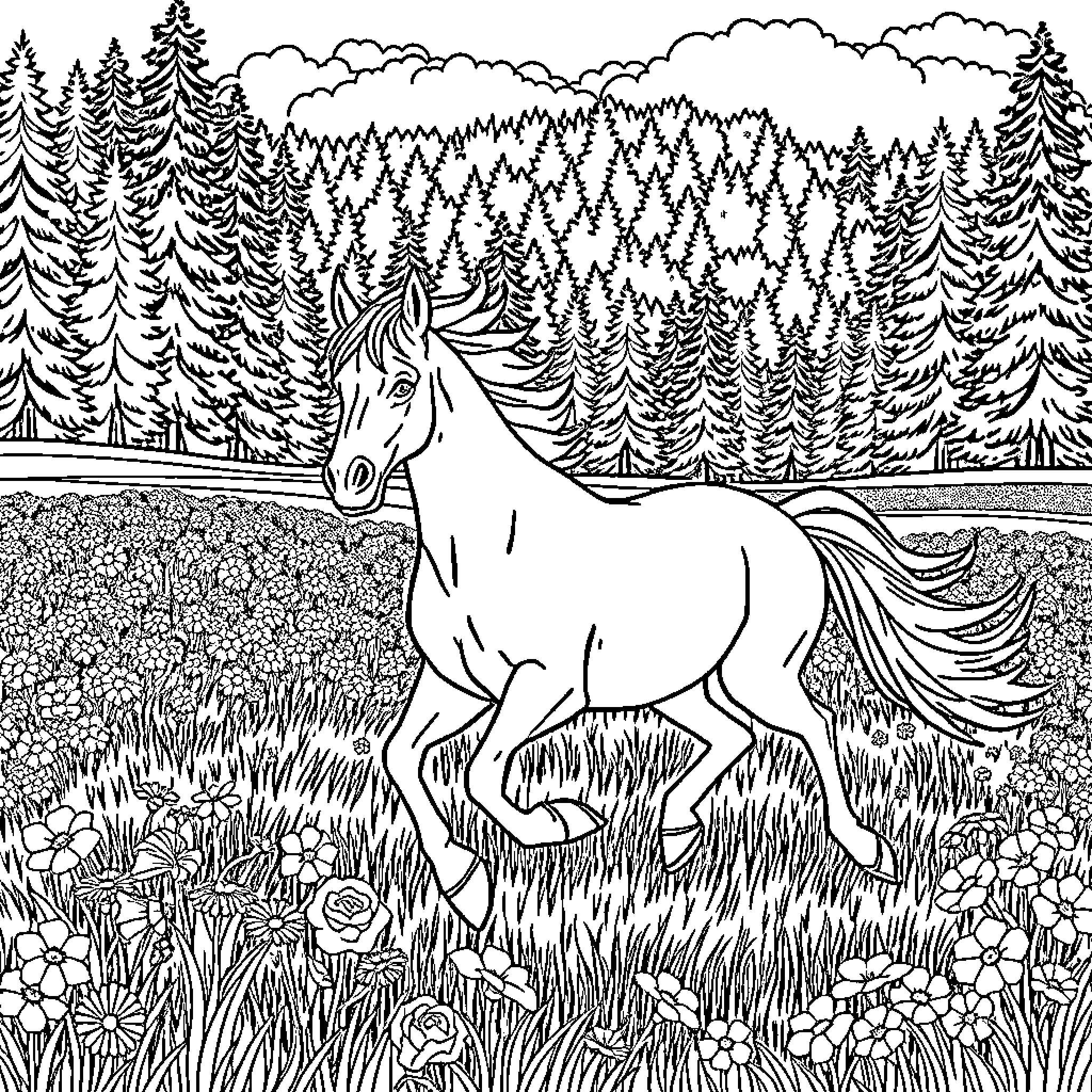 Horse running through a meadow with a forest landscape Coloring Page (free black-and-white line drawing printable PDF for all, from beginners to advanced learners, including children, teens, adults, and seniors)