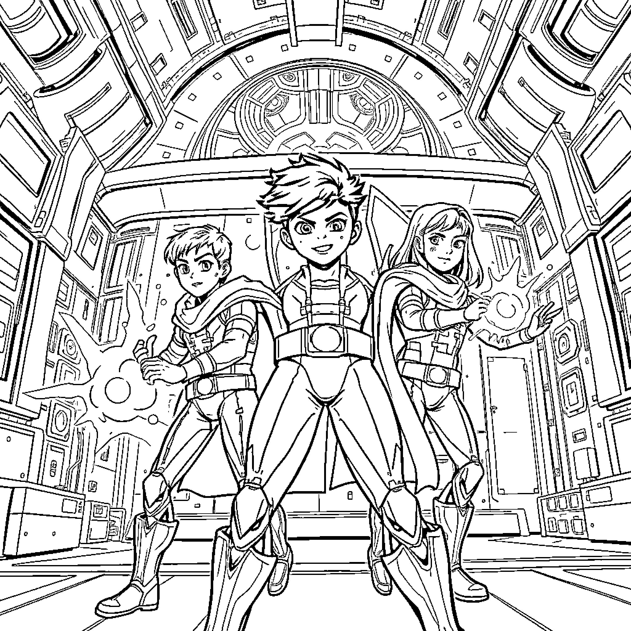 My Hero Academia: Heroic Trio in Action Coloring Page (free black-and-white line drawing printable PDF for all, from beginners to advanced learners, including children, teens, adults, and seniors)