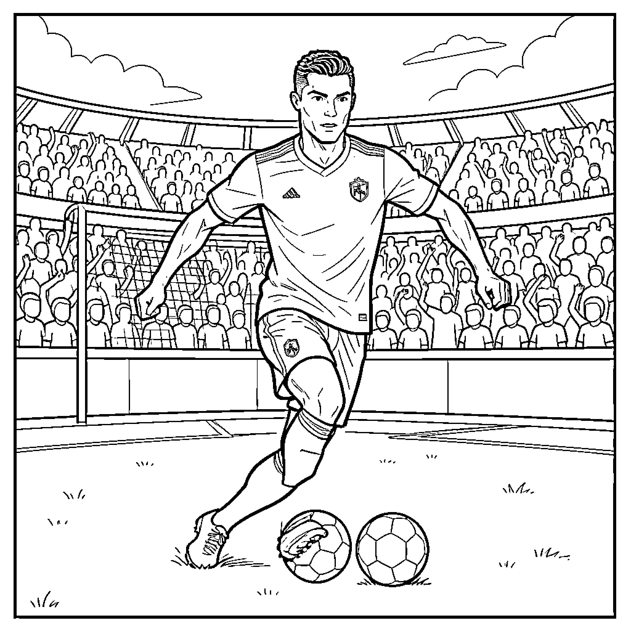 Cristiano Ronaldo dribbling a soccer ball in a stadium Coloring Page (free black-and-white line drawing printable PDF for all, from beginners to advanced learners, including children, teens, adults, and seniors)