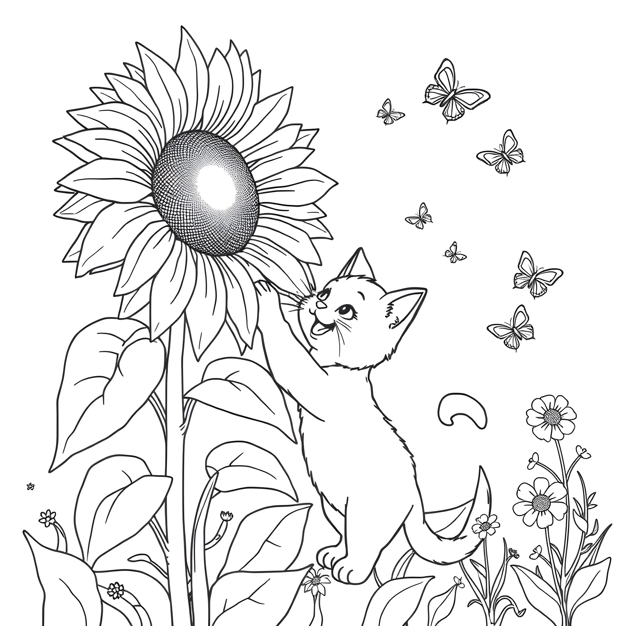 Cat exploring a sunflower field with butterflies Coloring Page (free black-and-white line drawing printable PDF for all, from beginners to advanced learners, including children, teens, adults, and seniors)