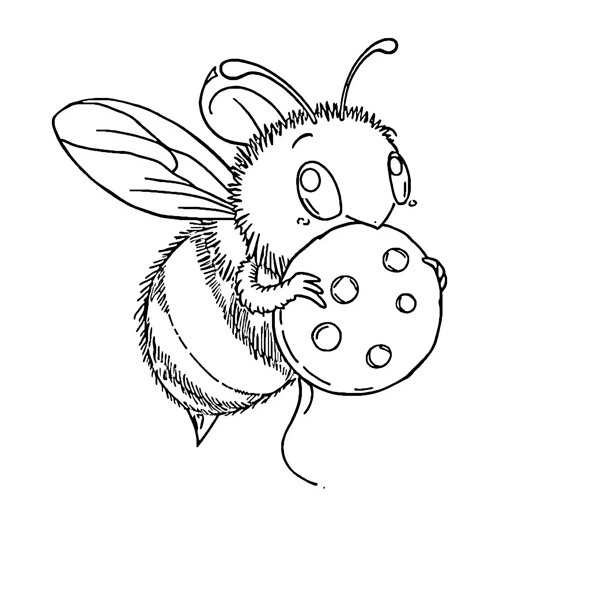 Bee enjoying a snack of spotted mushroom Coloring Page (free black-and-white line drawing printable PDF for all, from beginners to advanced learners, including children, teens, adults, and seniors)