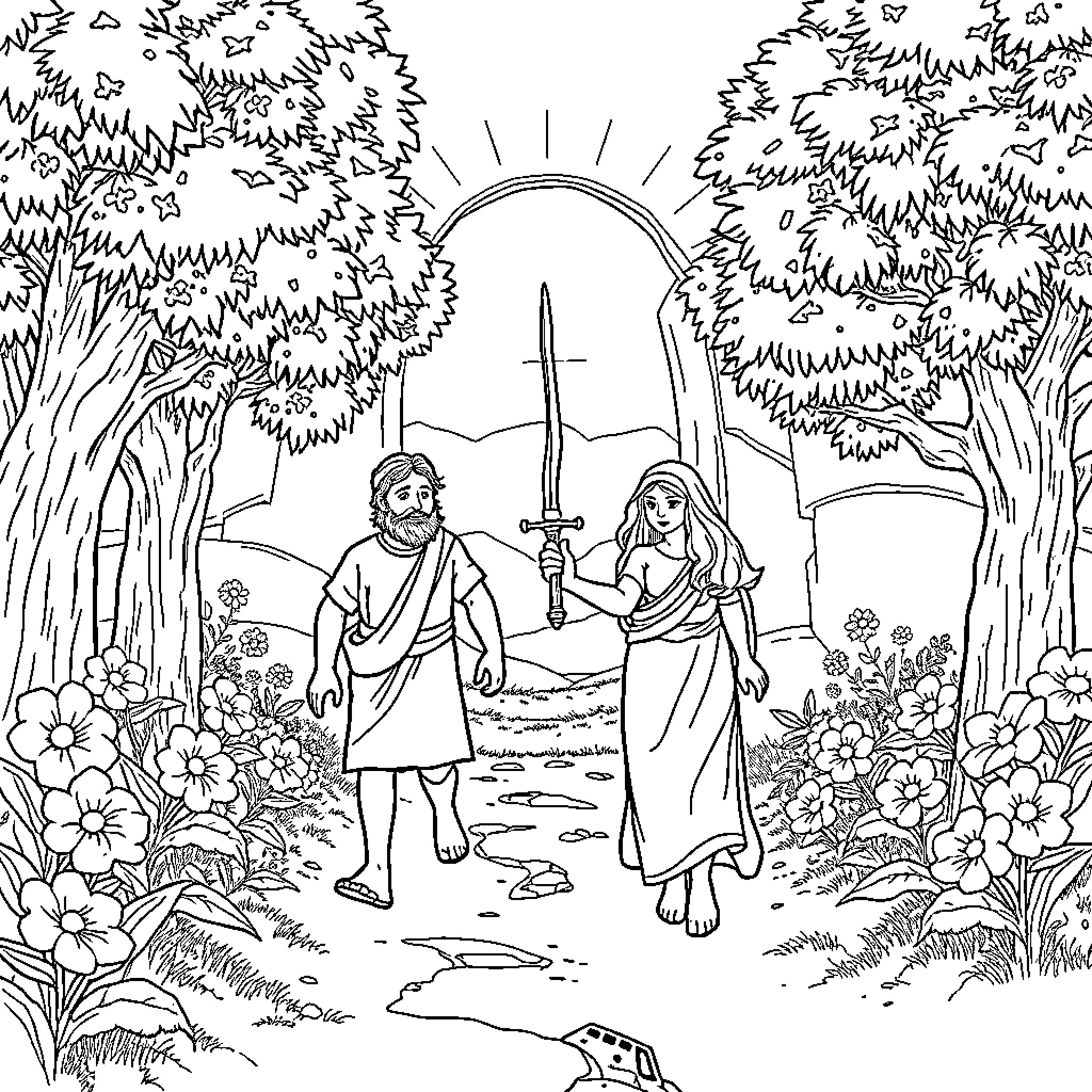 Adam and Eve walking together in the Garden of Eden Coloring Page (free black-and-white line drawing printable PDF for all, from beginners to advanced learners, including children, teens, adults, and seniors)