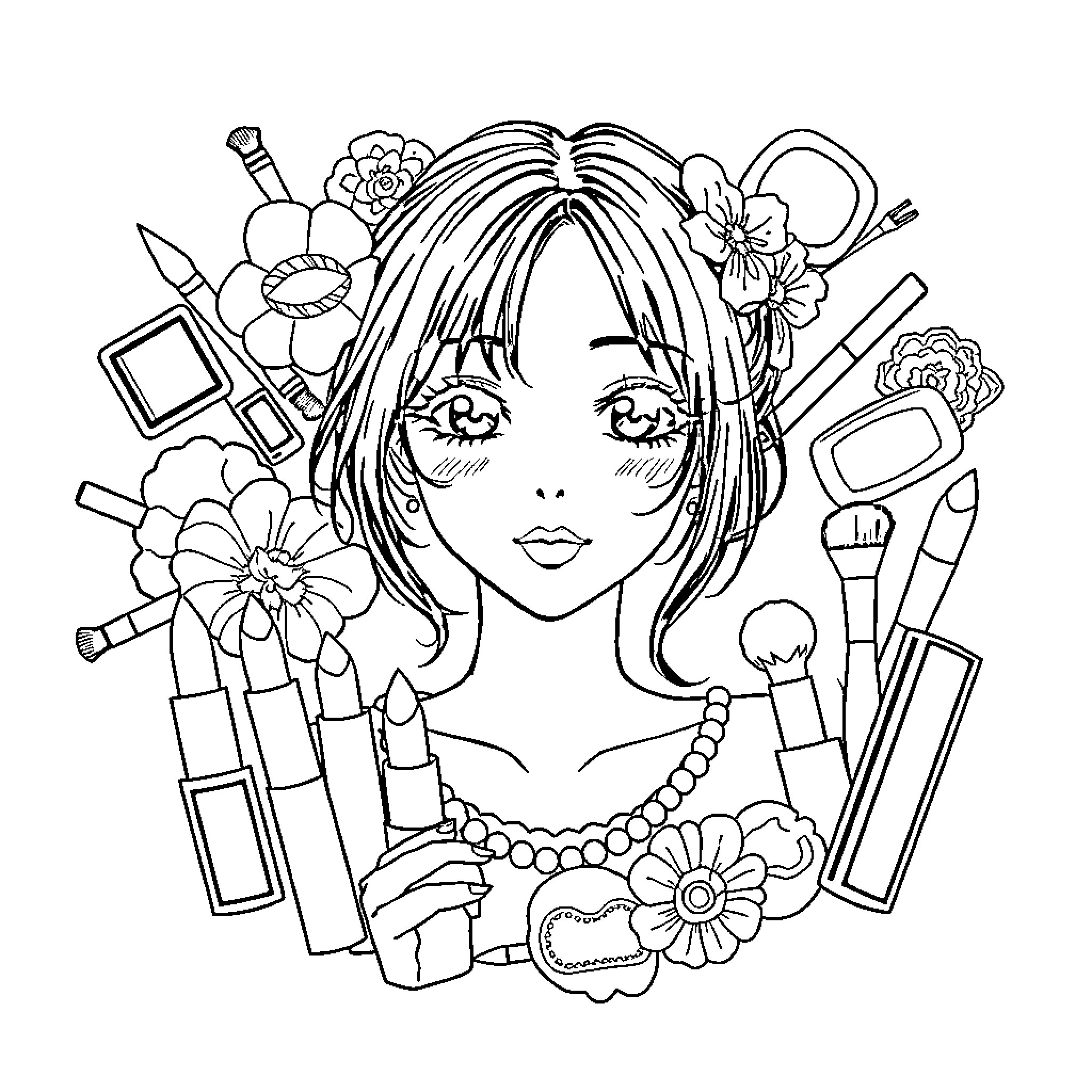 Anime Girl with Decorative Floral Elements Coloring Page (free black-and-white line drawing printable PDF for all, from beginners to advanced learners, including children, teens, adults, and seniors)